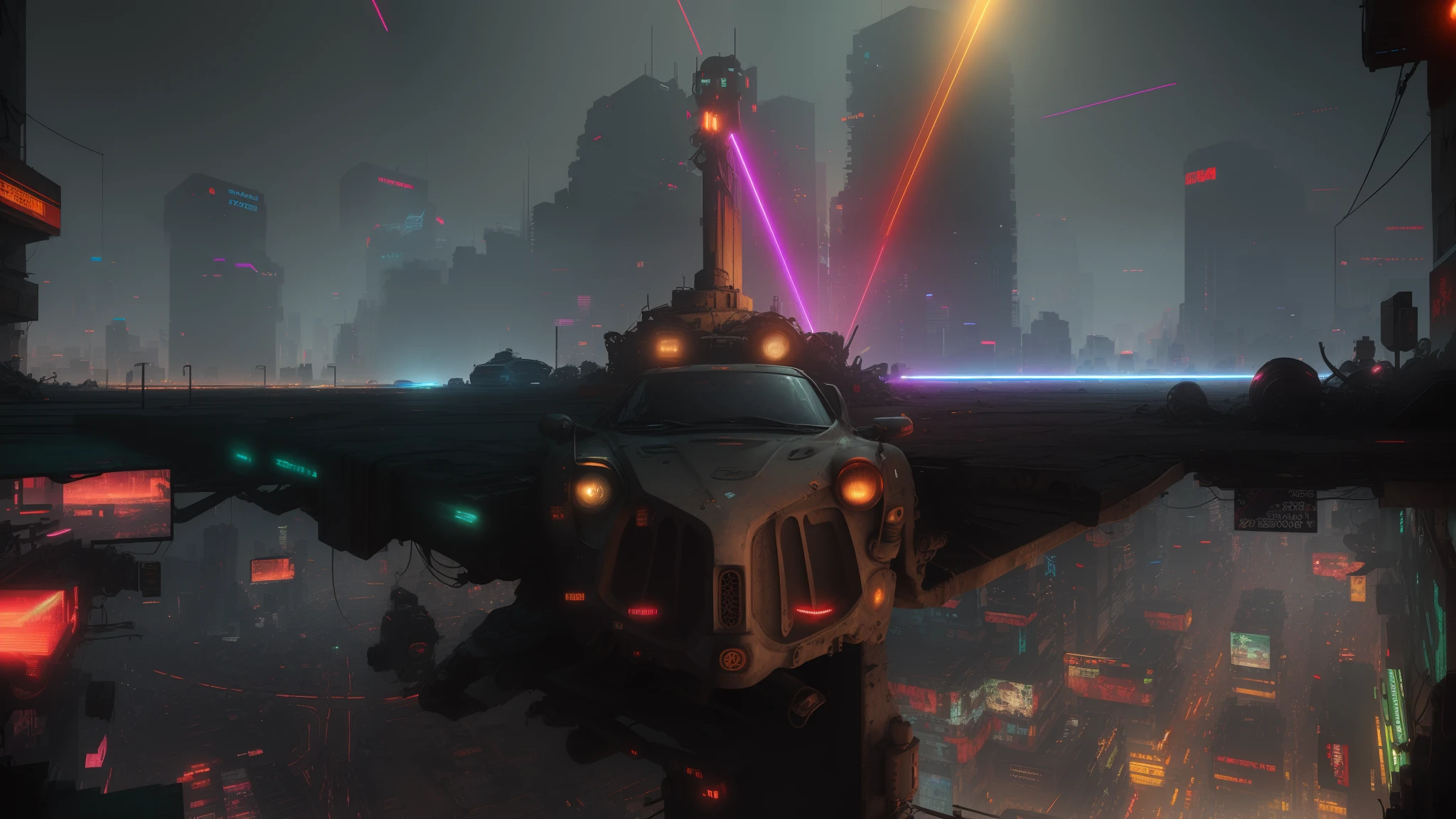 Ancient Battlefield, medium plan, City streets, dim lighting, Very gloomy picture layout, Extended Frames, Cyberpunk background, ((Ultra-realistic asphalt with super detailed textures)), (((Color lasers and spotlights))), (((Japanese-style cyberpunk cars ride on the viewer))), (((There are a lot of lasers in the background)))