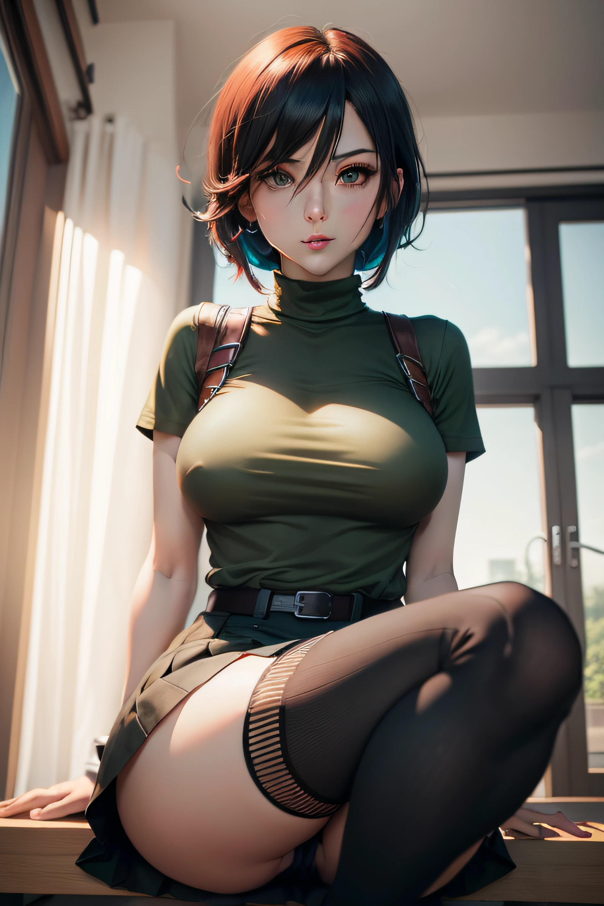 Mikasa Black skirt Medium breasts Green shirt Red hair Blue eyes White socks