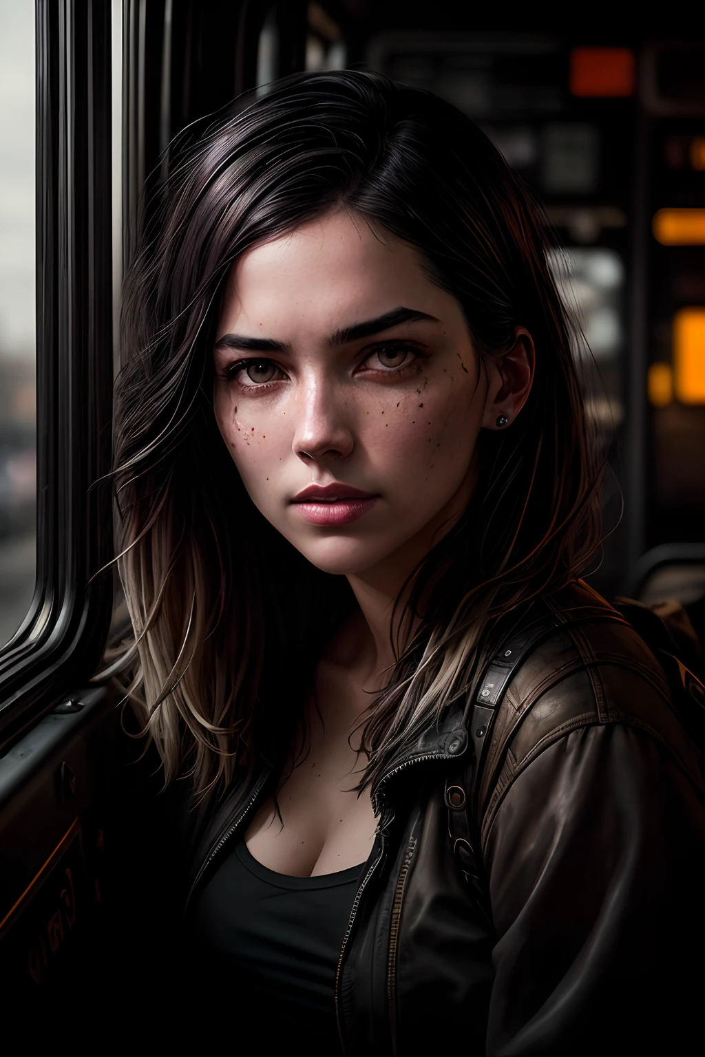 dark photo: sitting next to an old bus, realistic epic, portrait, eyes of Atey Ghailan, Greg Rutkowski, Greg Tocchini, James Gilleard, Joe Fenton, Kaethe Butcher, yellow gradient, black, brown and magenta color scheme, grunge aesthetic!!! Graffiti brand wall background, art by Greg Rutkowski and Artgerm, soft cinematic light, Adobe Lightroom, Photo Lab, HDR, intricate, highly detailed, (depth of field: 1.4), faded, (neutral colors: 1.2), (HDR: 1.4), (soft colors:1.2), hyperdetailed, (Artstation:1.4), cinematic, warm lights, dramatic light, (intricate details:1.1), complex background, (Rutkowski:0.66), (blue and orange:0.4)