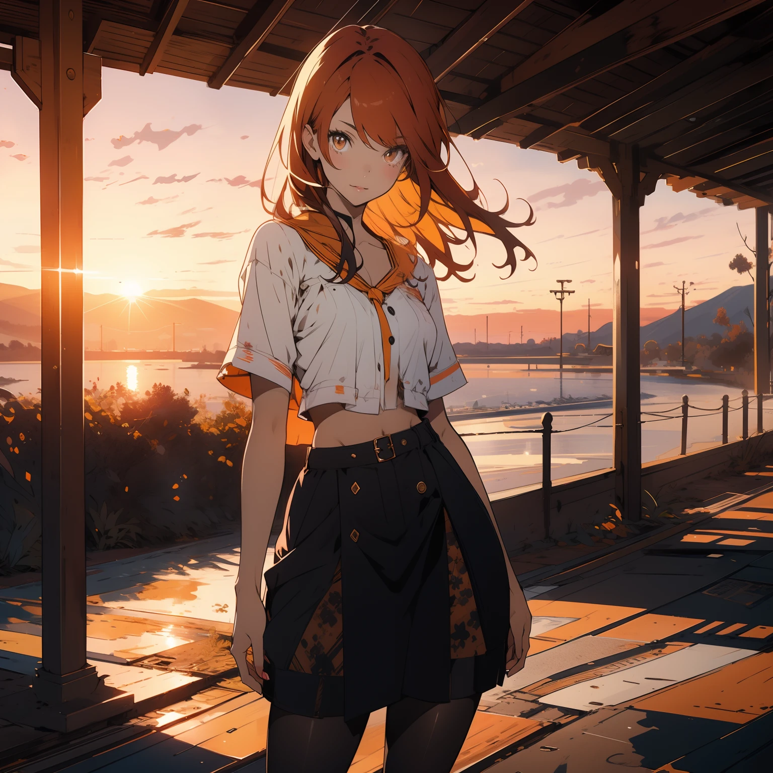 (finely detailed beautiful eyes and detailed face,masterpiece, full body shot, sidelighting,masterpiece,best quality,detailed,high resolution illustration), (1girl, solo, alone) alluring face and chest, big chest, sexy
(1girl,whole body,bishoujo,lustrous skin,looking down,looking at viewer),
(red hair,sunset orange eyes, cat-girl, ocre crop top, wearing bare black pantyhose)