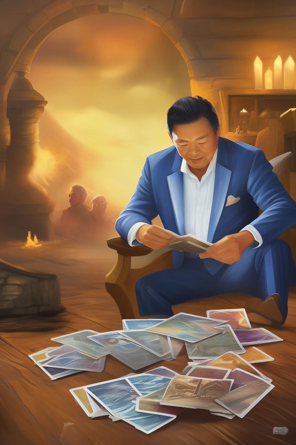 A detailed painting depicting a handsome, mature Asian man in a suit surrounded by a flurry of glowing Magic The Gathering cards and the book Dungeons and Dragons in the center.