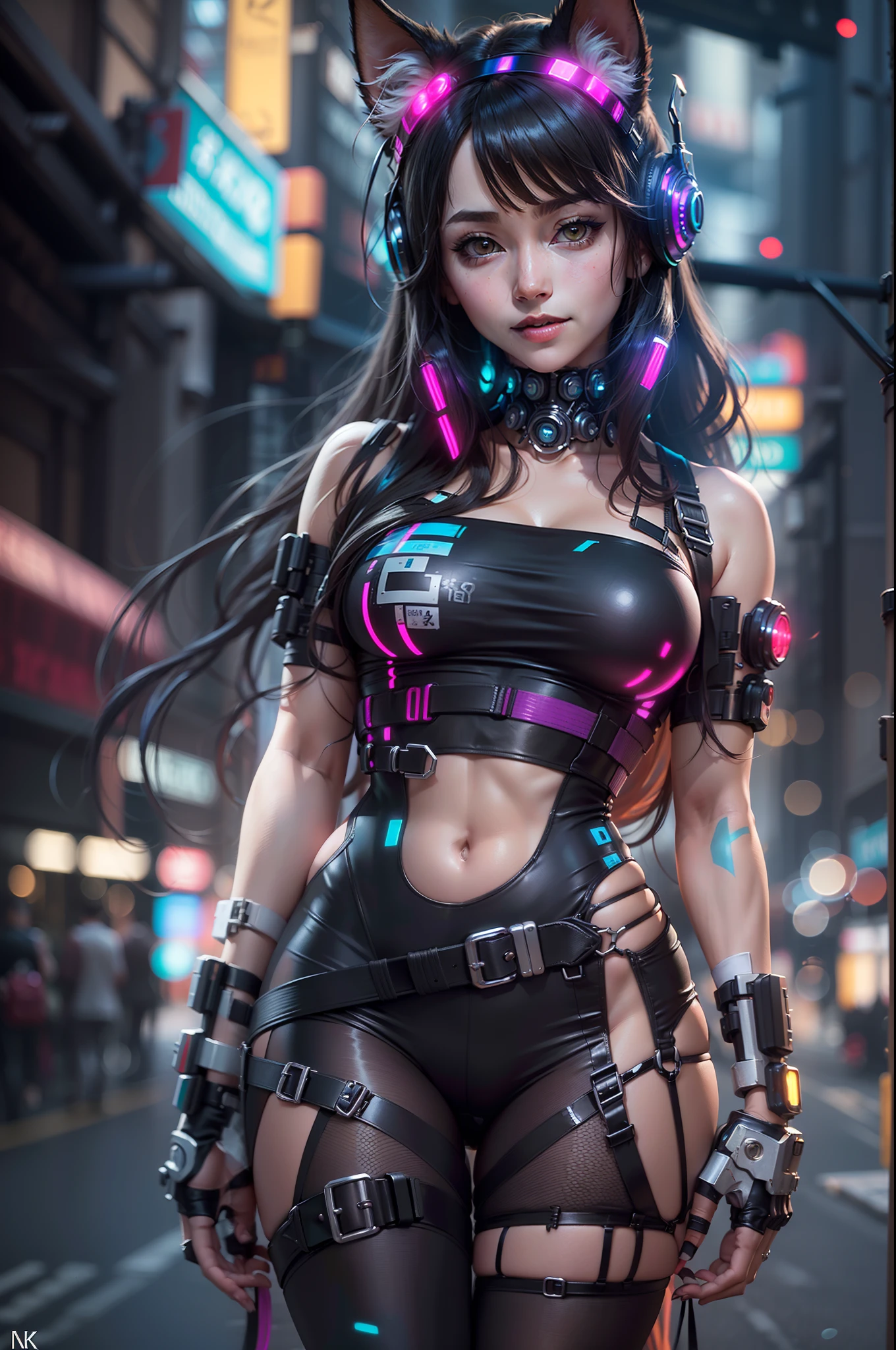 (RAW photo, best quality, masterpiece:1.2), (realistic, photo-realistic:1.4),(masterpiece:1.4),(best quality:1.4), ((sexy cute Japanese cyberpunk catgirl)), ((slender body)), big breasts, :d, (bangs), blush, ((colorful body harness)), ((dynamic pose)), cowboy shot, (((cyberpunk city streets background))), hair intakes, ((shapeless long hair)), glowing neon accents, looking at viewer, sidelocks, smile, (((thigh gap))), thighs, twintails, very long hair, multicolor hair, alice \(nikke\),(shiny skin),realistic.
