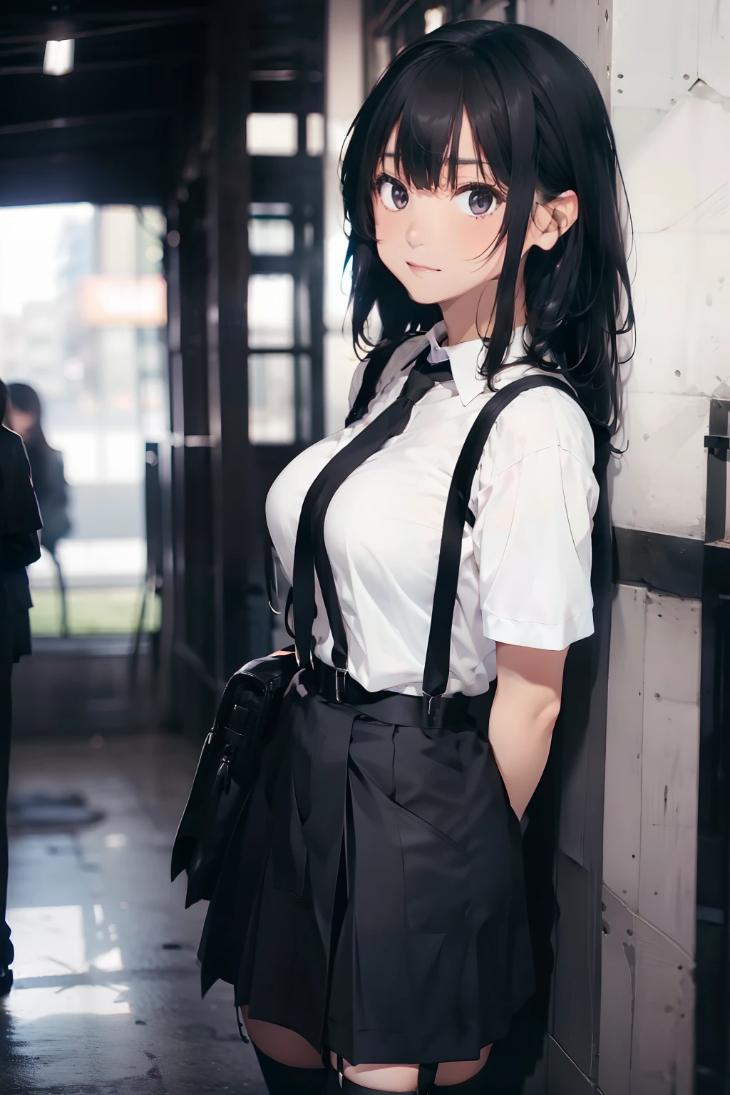 a black skirt, neck tie, Cutter shirt suspenders, Long Black Hair, Gray eyes, holster, Garter belt on the legs, , Big breasts, Pichi Pichi clothes, both sides deadpan Behind