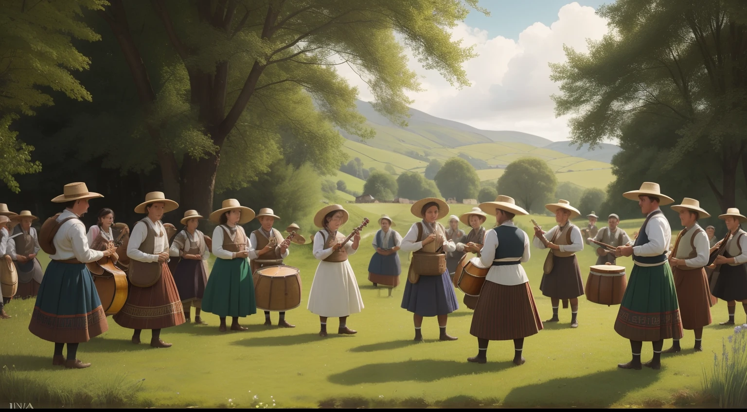 1917,
Irlanda.
En el campo de Irlanda, A group of villagers gather for a traditional dance. Young people in tweed clothes spin to the rhythm of violins and accordions. The scene reflects the enduring spirit of Irish culture during a time of political and social change...