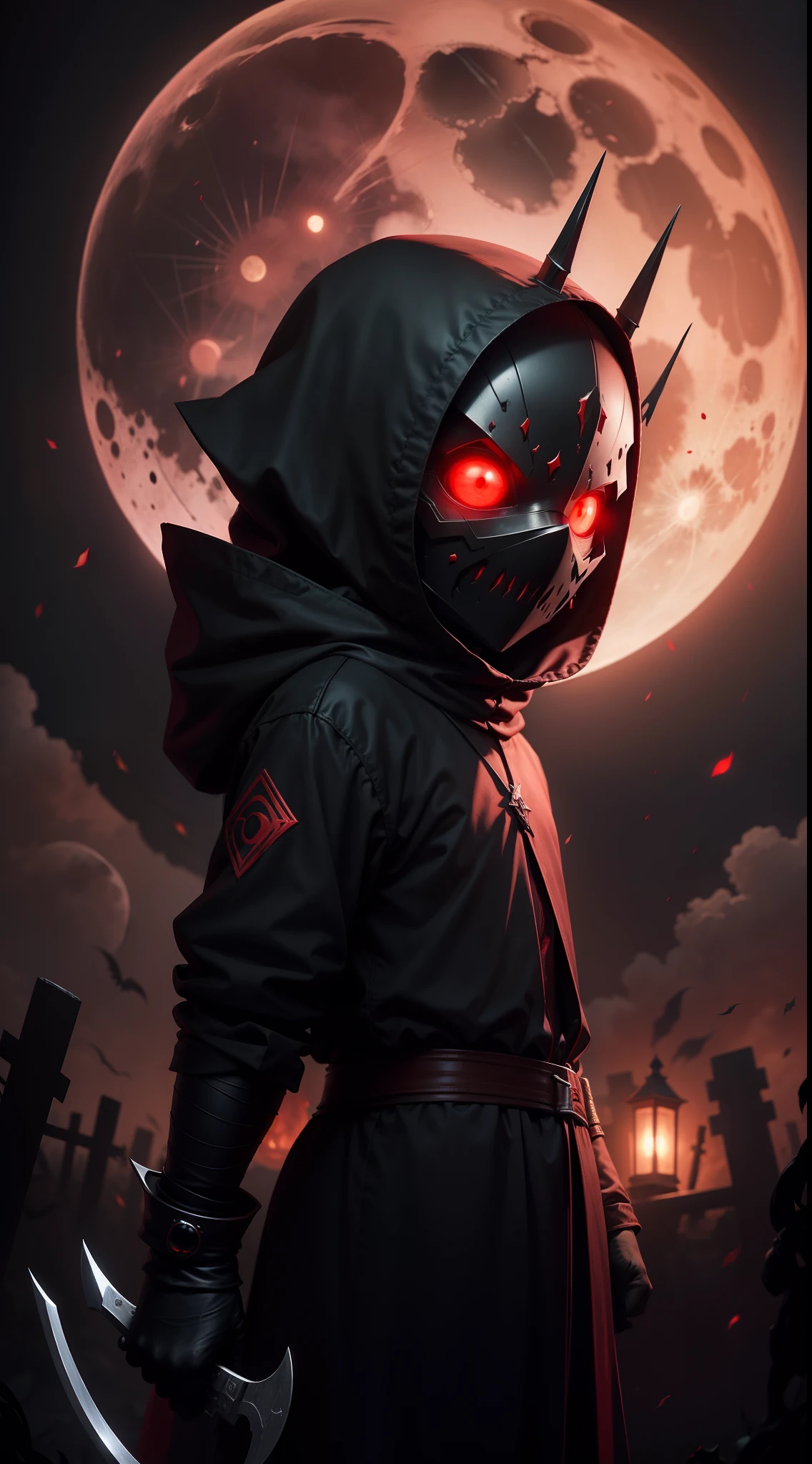 a demonic faceless small_humanoid, with two bladed weapons, scary, horror, night, dark, fall weather, full moon, glowing red eyes, evil, 1600s