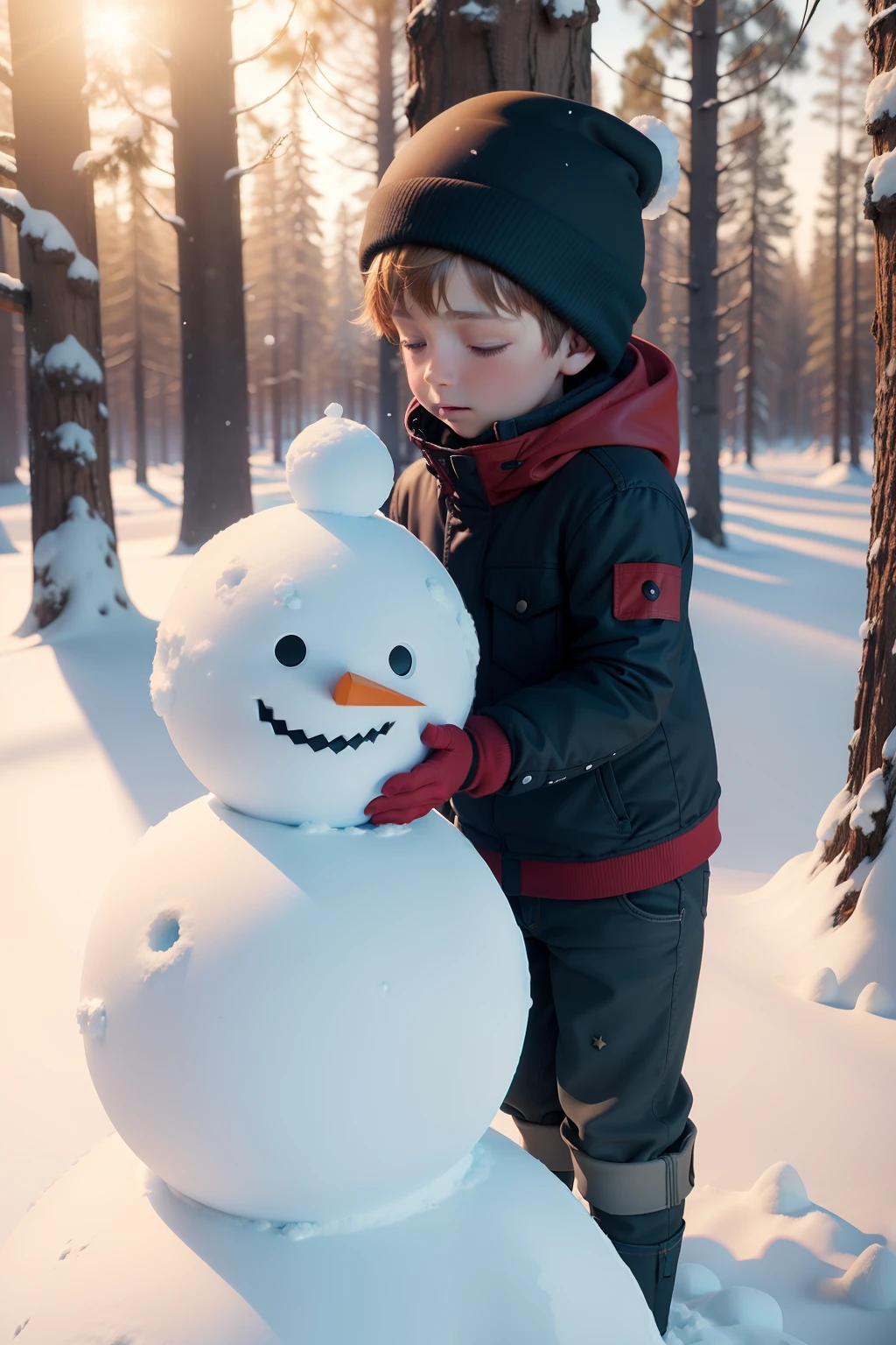 3D cartoon, two 8 boys building a snowman in the forest