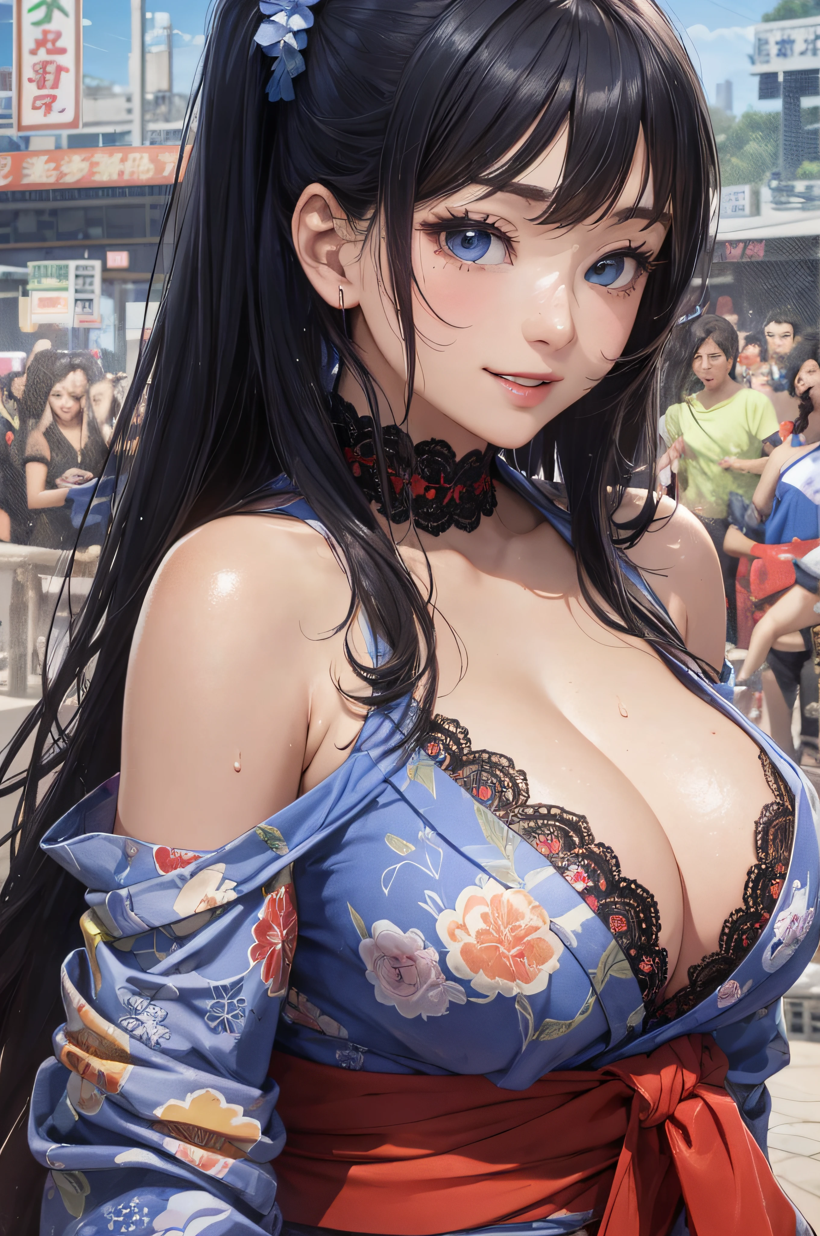 8K picture quality、top-quality、masutepiece、An ultra-high picture quality、ultra-detailliert、Ultra-realistic hair quality、Vibrant colors、Beautuful Women、Beautiful long hair、Shiny hair、detailed hairs、Blue Mesh、poneyTail、Blue eyes、shinny skin、Lace underwear、One mole on the chest、large pectoral muscles、Very gigantic-breasts、Sweat on the forehead and cheeks、extremely big ass、Fluffy off-shoulder yukata、A smile、soft pink lips、Ultra-realistic flesh feeling、Red cheeks、summer festival in background