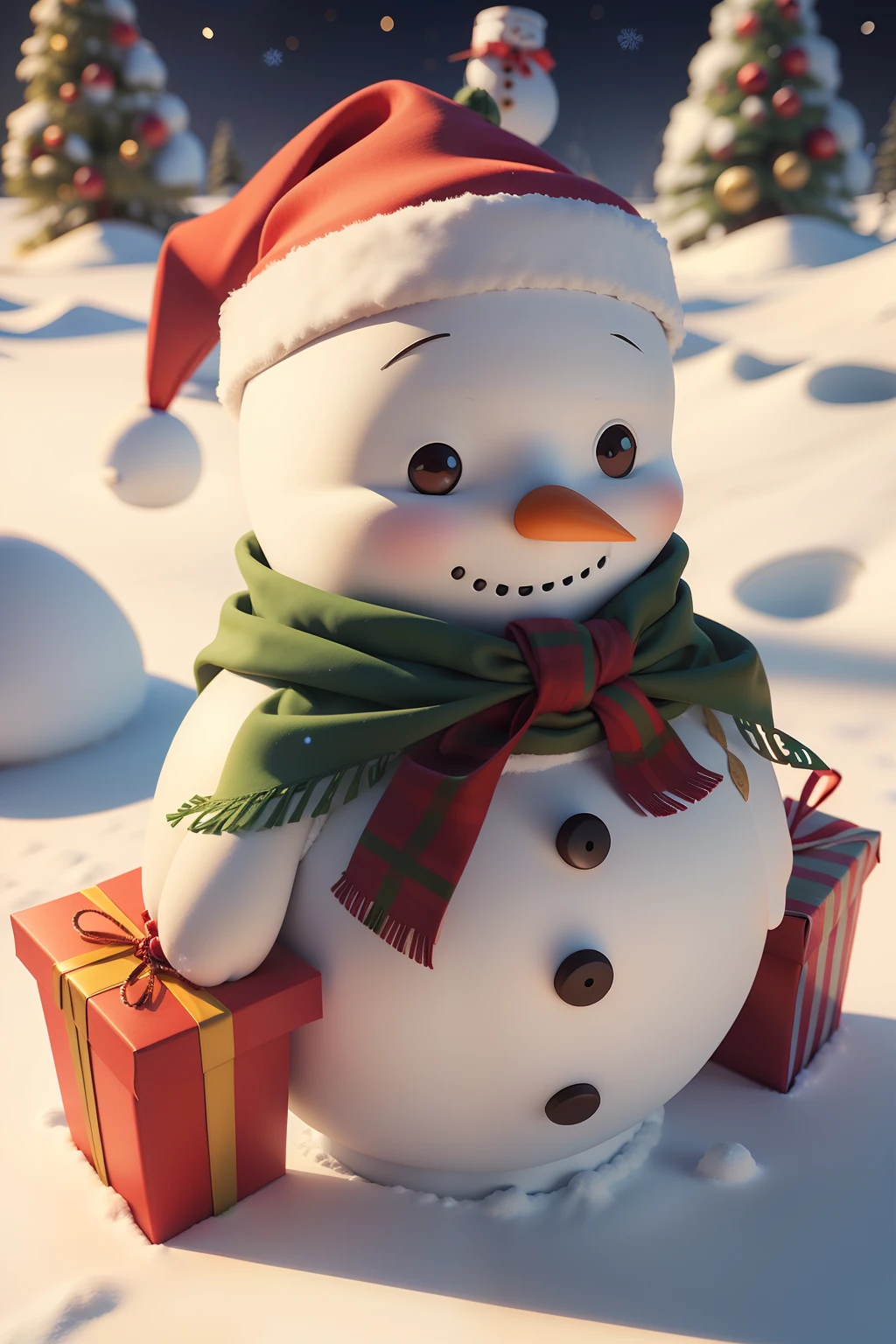 3d, Cartoon-style Christmas artwork with adorable snowmen and gifts.