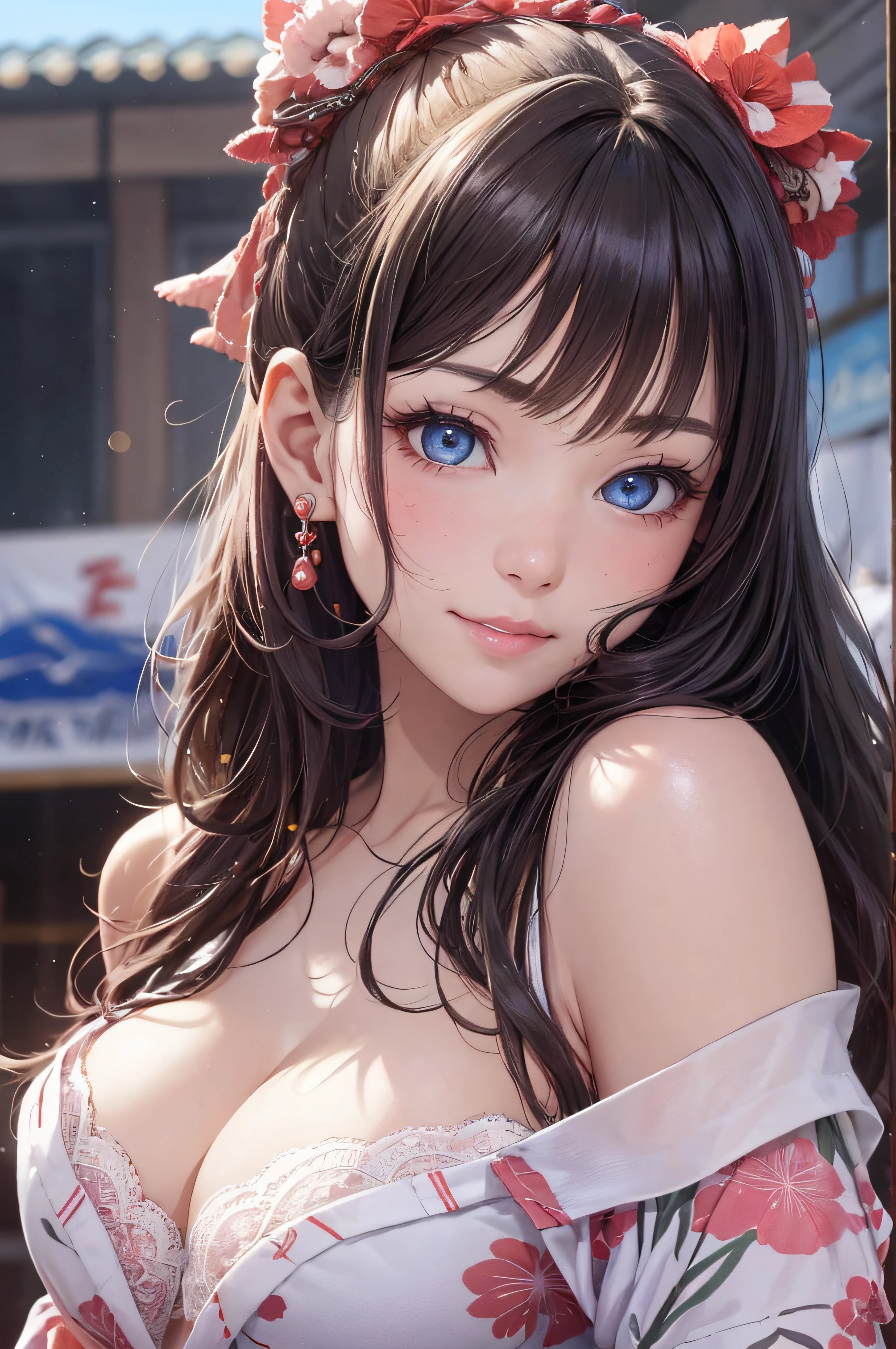 8K picture quality、top-quality、masutepiece、An ultra-high picture quality、ultra-detailliert、Ultra-realistic hair quality、Vibrant colors、Beautuful Women、Beautiful long hair、Shiny hair、detailed hairs、composed々Light hair color、poneyTail、Blue eyes、One small mole around the eye、shinny skin、Lace underwear、Very gigantic-breasts、Sweat on the forehead and cheeks、extremely big ass、Fluffy off-shoulder yukata、A smile、soft pink lips、Ultra-realistic flesh feeling、Red cheeks、summer festival in background