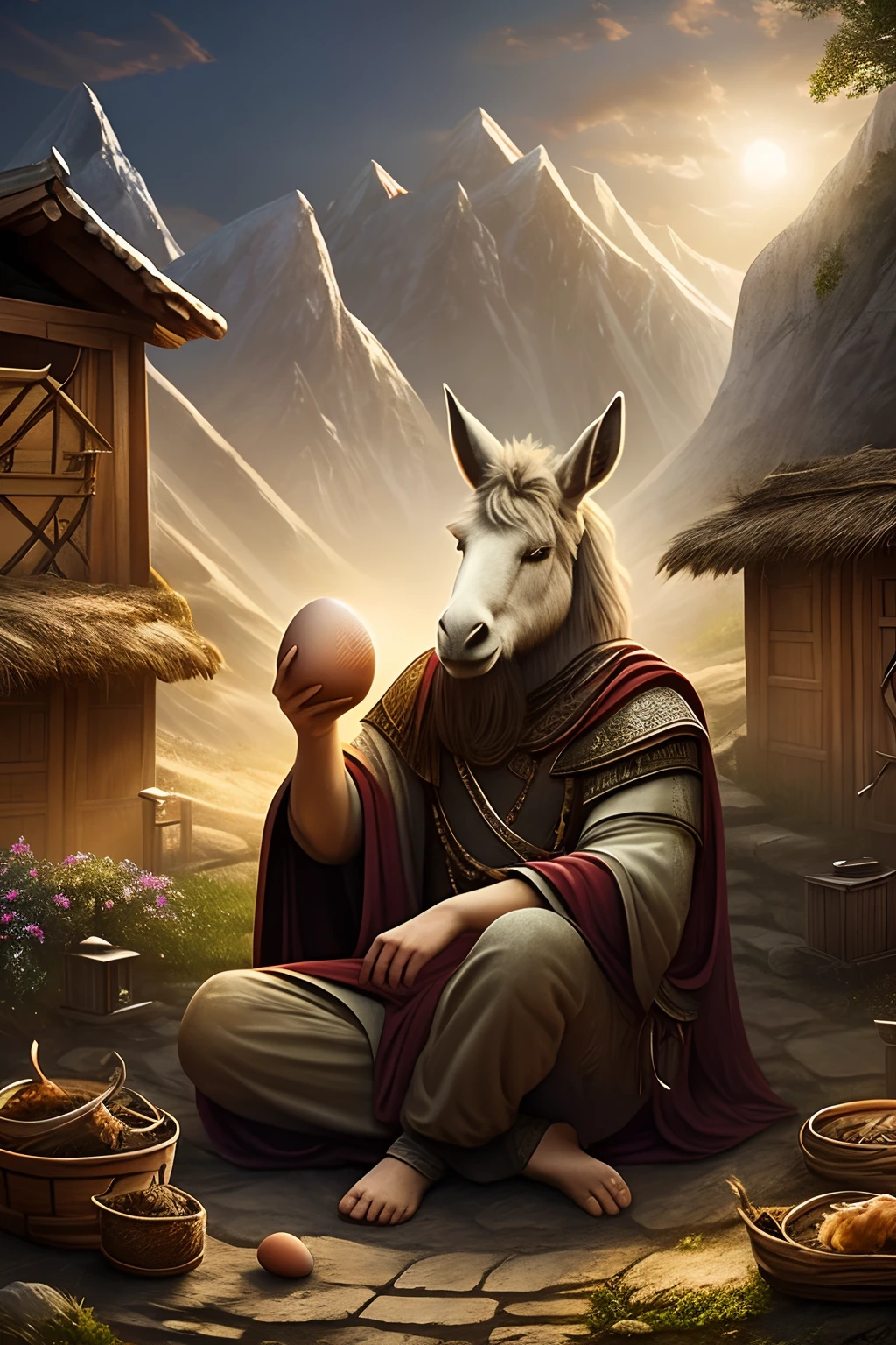 The scene is open，Ancient sacrificial picture，smooggy，Lop-eared donkey in human clothes meditating，Holding an egg in his hand，Underneath him is a large chicken coop，Detailed clothing details，Detailed clothing light perception，Looming and faint，Detailed animal hair glow，Cumbersome and complex picture feeling，（A picture full of eerie and mysterious feelings），The background is a hazy open and eerie mountain，Split-level complex mountains，photograph realistic，8k, --auto