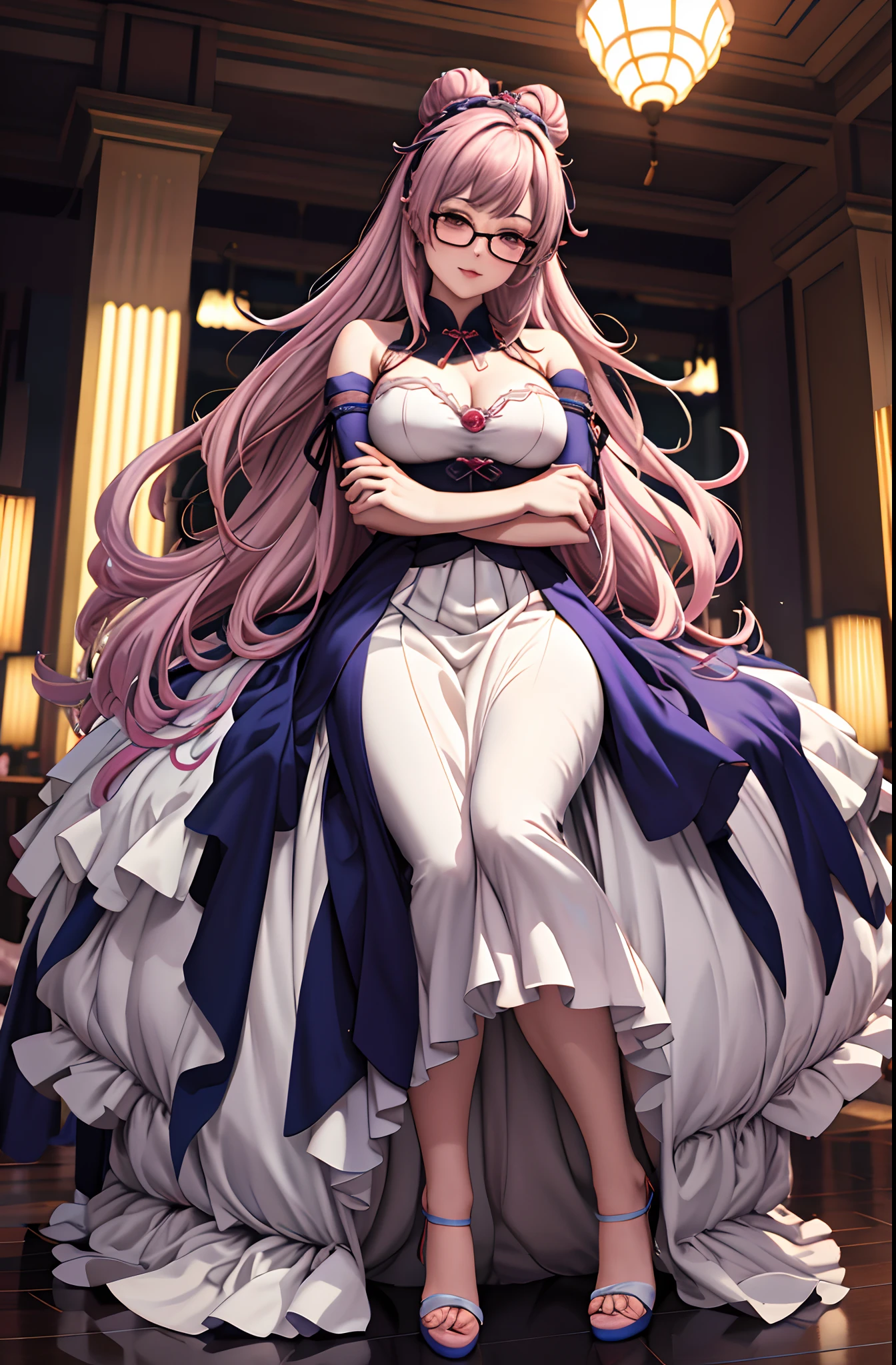 mei, meiluna, seductive pose, crossed arms, fancy restoraunt, dress, hair bun, hair stick, glasses, candleights, best quality, full body