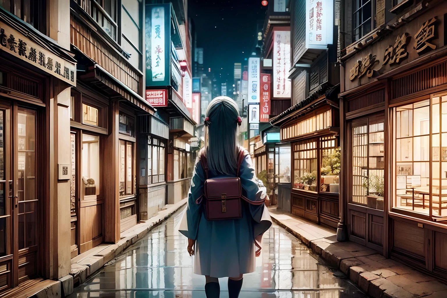 9.O personagem:Polaris is on a street in Tokyo,Shops are lit up in the distance。 allure:Cabelo azul claro na altura dos ombros,pupilas azuis escuras,Usa uma roupa azul,Misturado com um pouco de rosa quente。 Natureza:Animado e acolhedor,helpful。