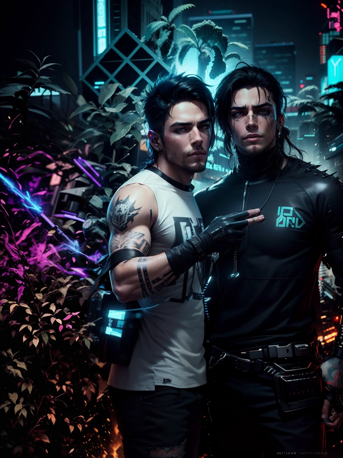 Make this photo cyberpunk, handsome boy, realistic