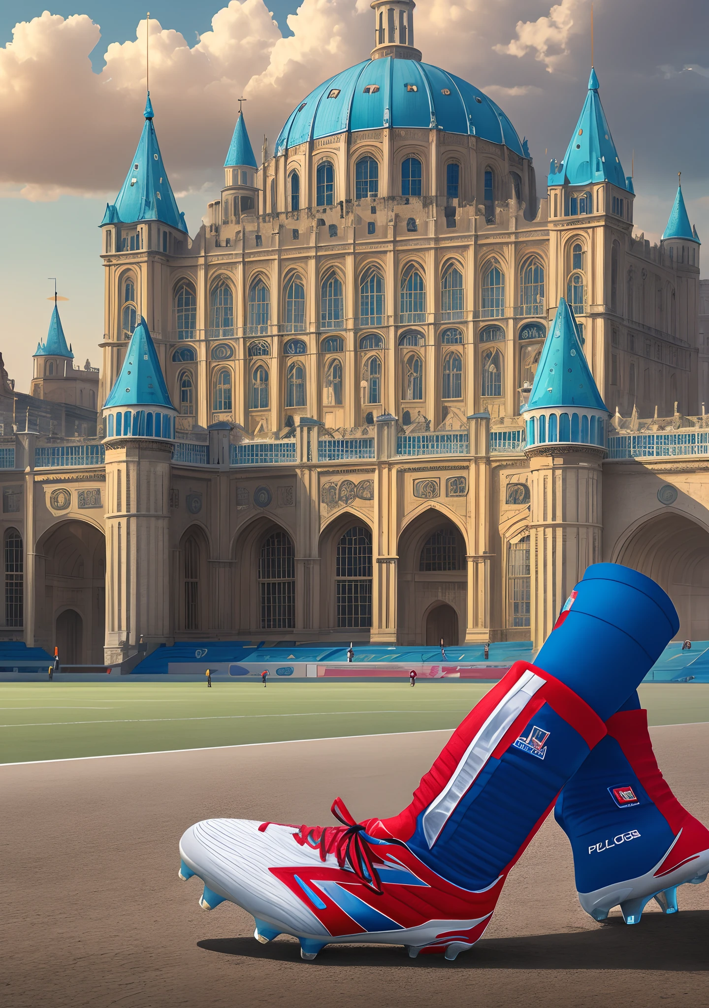 Palace of Boots logo, Palace in the background, A technological football boot superimposing the palace, imagem realista --auto --s2