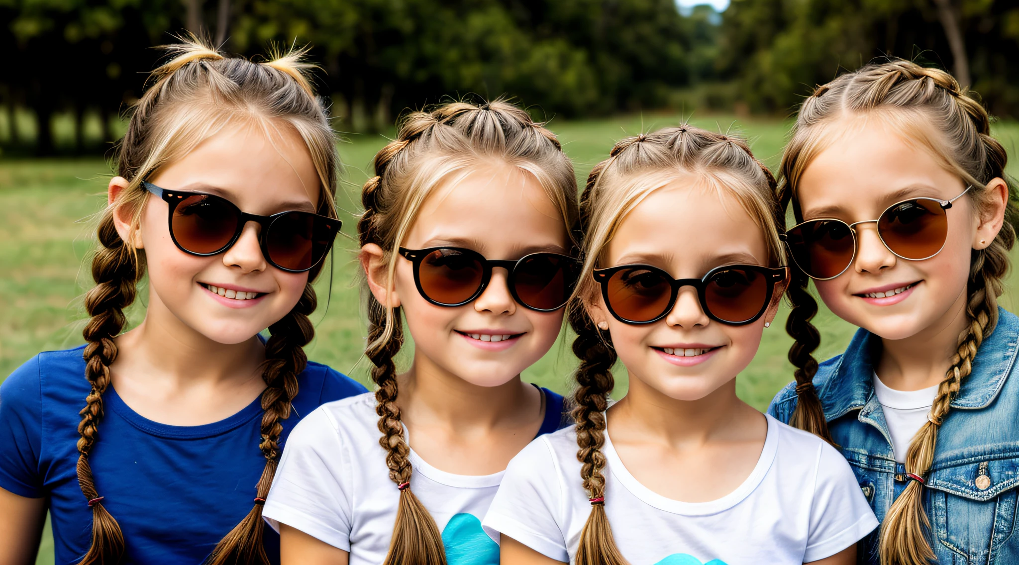 Three blonde girls children in braids with portrait of sunglasses, segurando um candle.