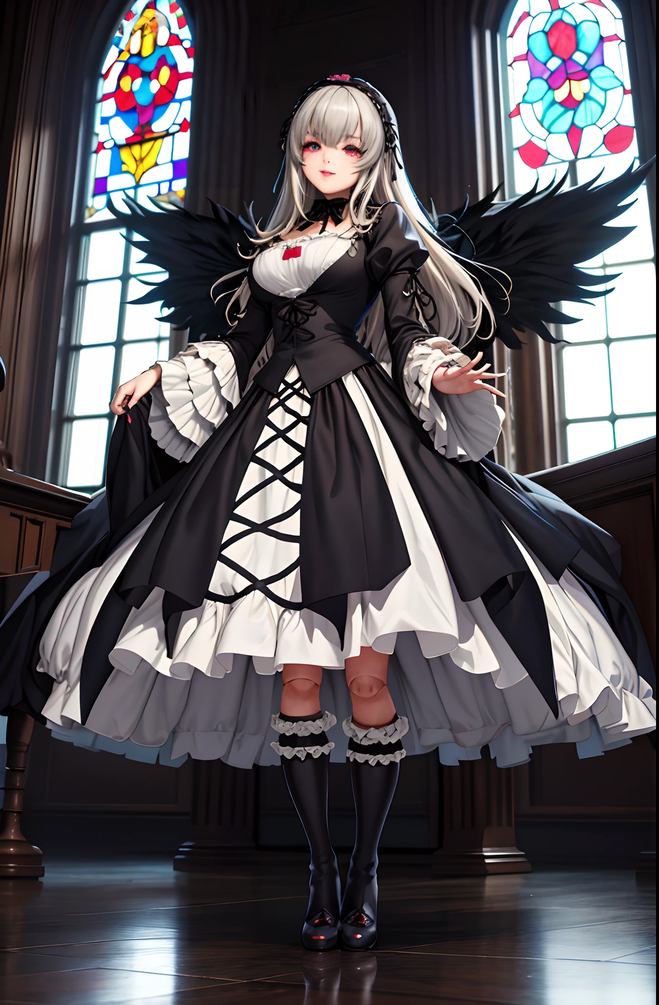 (masterpiece, best quality, detailed, highres), 1girl, solo, indoors, church, stained glass, window, sunlight, hand on hip, evil smile, from below, looking at viewer, suigintou, XXXXXX fashion, XXXXXX hairband, black dress, frills, black wings, knee boots, detached collar, cross, juliet sleeves, cross-laced dress, doll joints <lora:SuigintouV4_1-000014-, full body ,boots