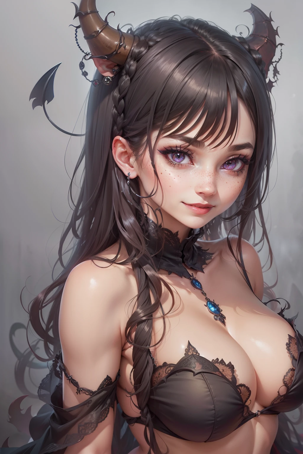 close-up of a beautiful female face, wearing a demon outfit, gorgeous demonic eyes, intricate, cleavage, soft lips, smiling, naughty, seductive glance, freckles, side boob, under boob, braids