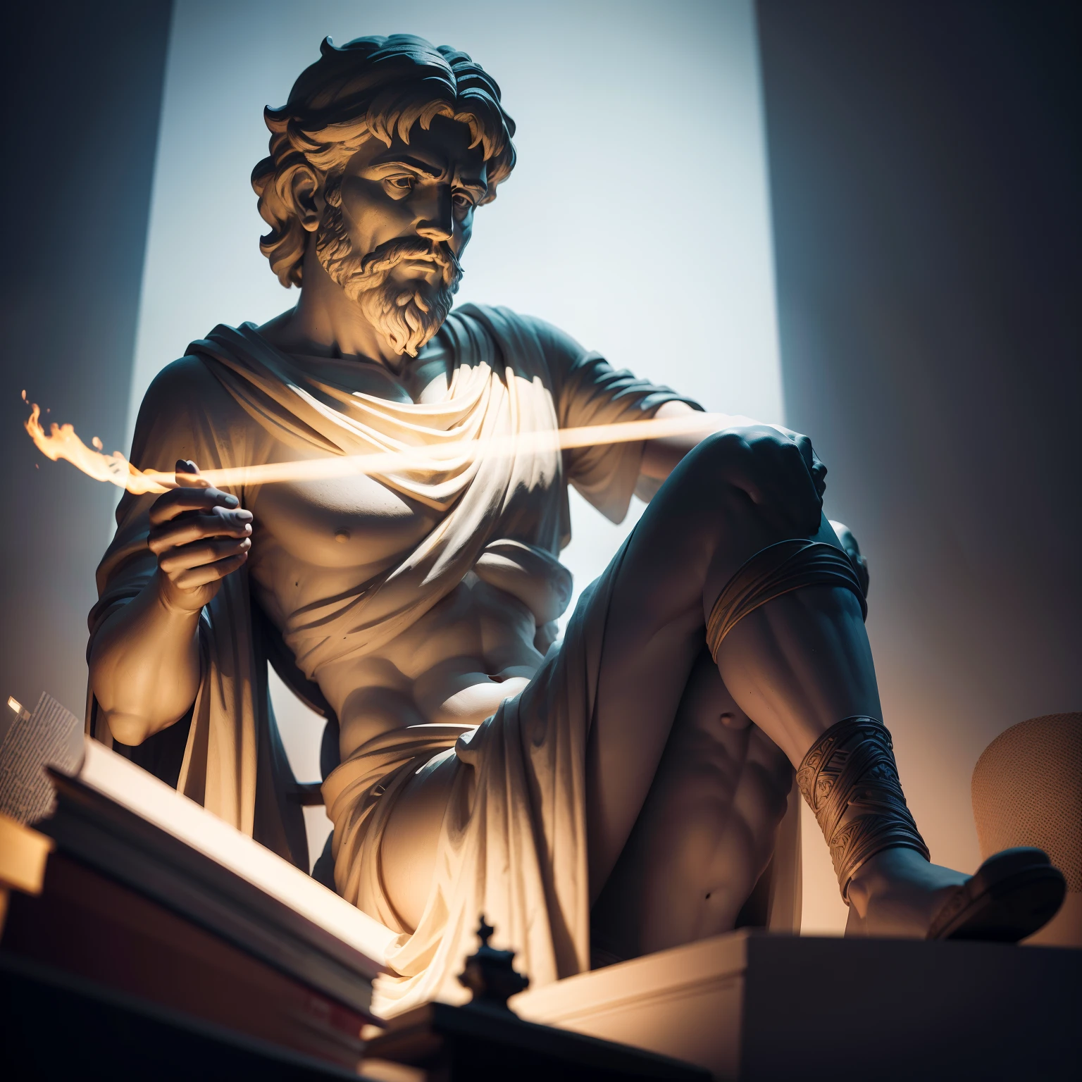 Create an inspiring 8K image depicting a 3rd century Greek philosopher.C., immortalized as a statue. Ambiente a cena em um ambiente sombrio e misterioso, with the figure of the philosopher blurred, but enigmatically illuminated by epic lights and shadows. The resulting image should exude the aura of deep contemplation and wisdom.