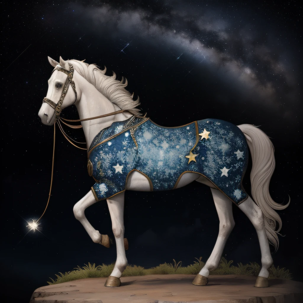 Ancient constellation, mythic, Grego, Sky of the past, cavalo com mapas de estrelas no corpo, escritas no corpo, pergaminho