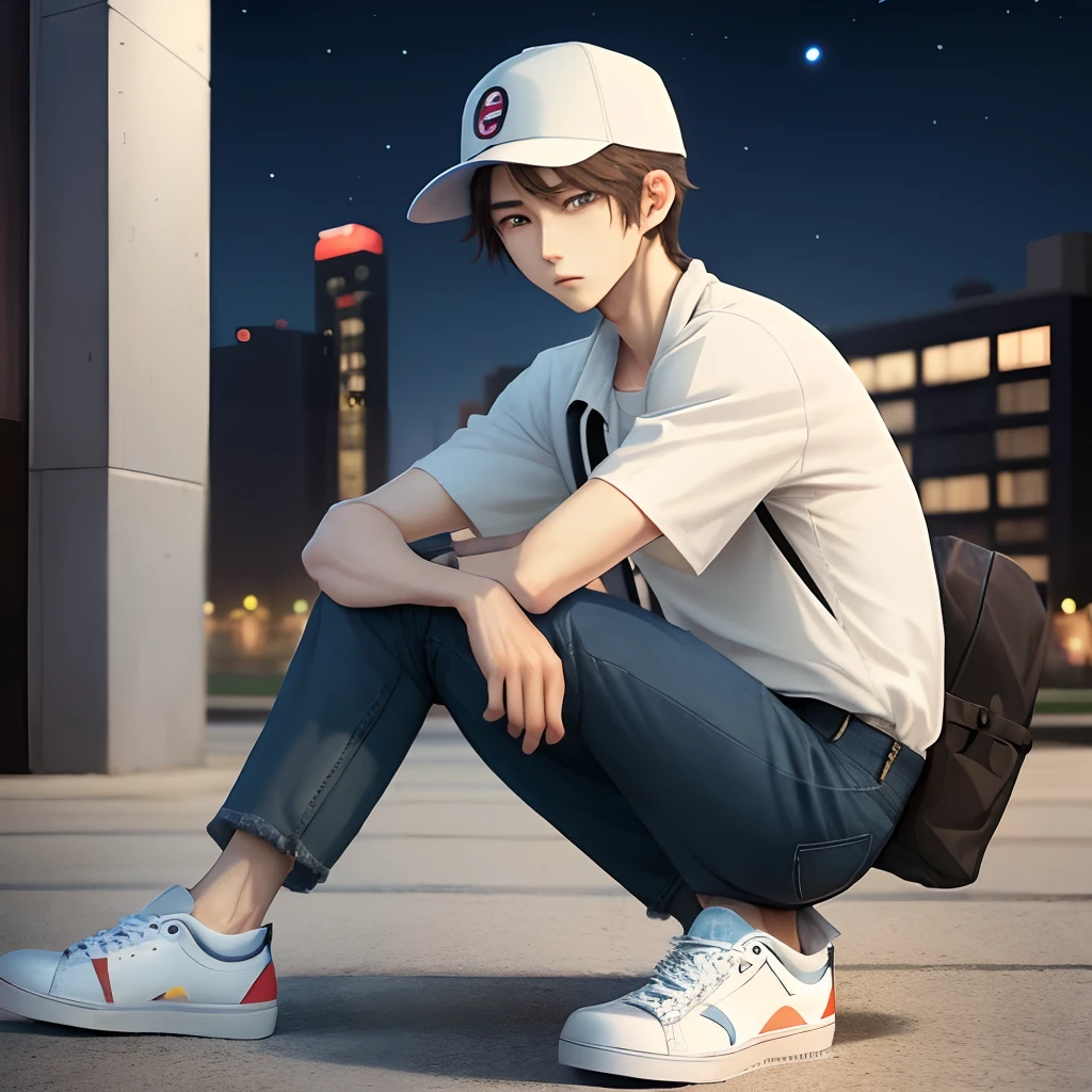 One Anime guy, black casual buttons shirt, blue jeans, brown hairs, two block haircut, night, black shoes, white cap on head, tall and thin.