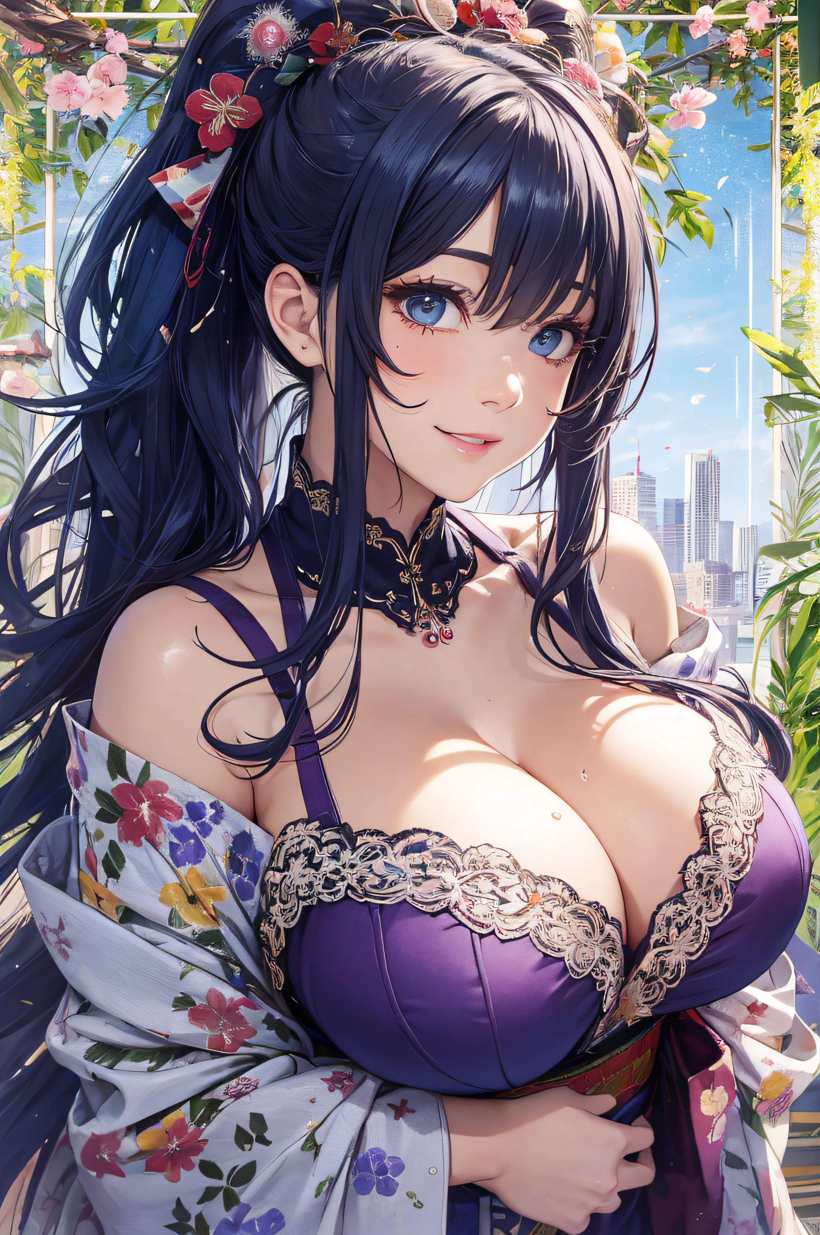 8K picture quality、top-quality、masutepiece、An ultra-high picture quality、ultra-detailliert、Ultra-realistic hair quality、Vibrant colors、Beautuful Women、Beautiful long hair、Shiny hair、detailed hairs、Blue Mesh、poneyTail、Blue eyes、shinny skin、Lace underwear、One mole on the chest、large pectoral muscles、Very gigantic-breasts、Sweat on the forehead and cheeks、extremely big ass、Fluffy off-shoulder yukata、A smile、soft pink lips、Ultra-realistic flesh feeling、Red cheeks、summer festival in background