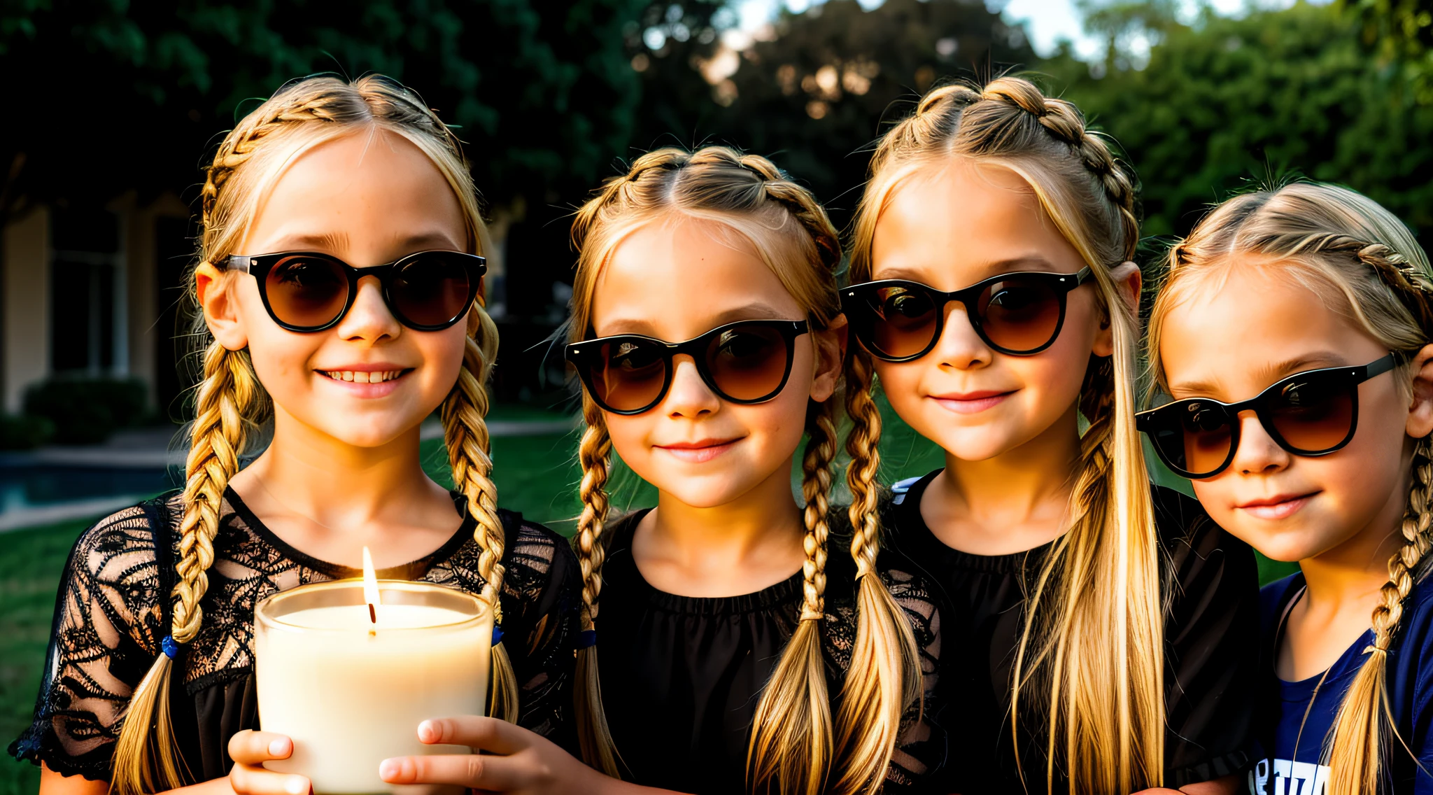 Three blonde girls children in braids with portrait of sunglasses, segurando um candle.