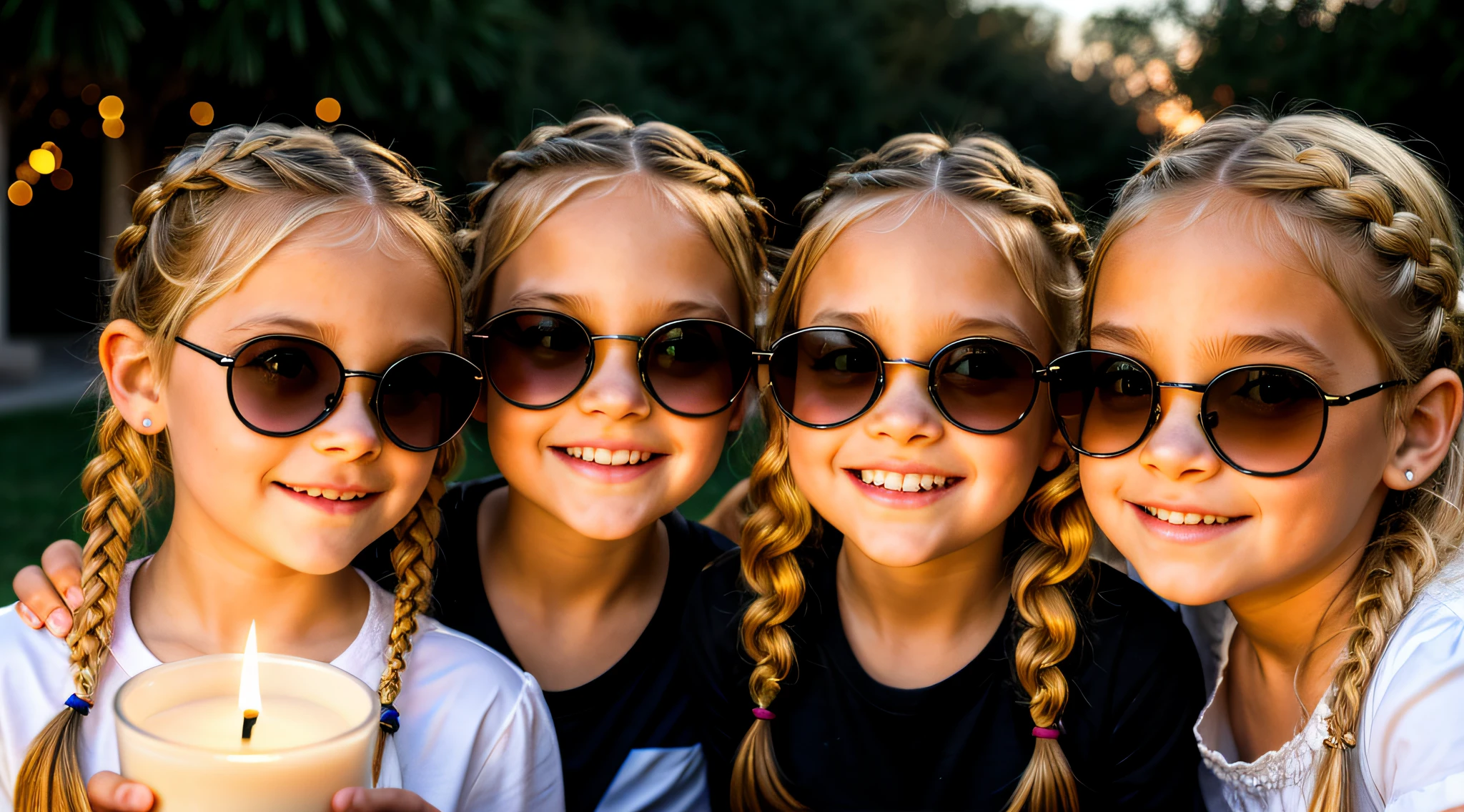 Three blonde girls children in braids with portrait of sunglasses, segurando um candle.