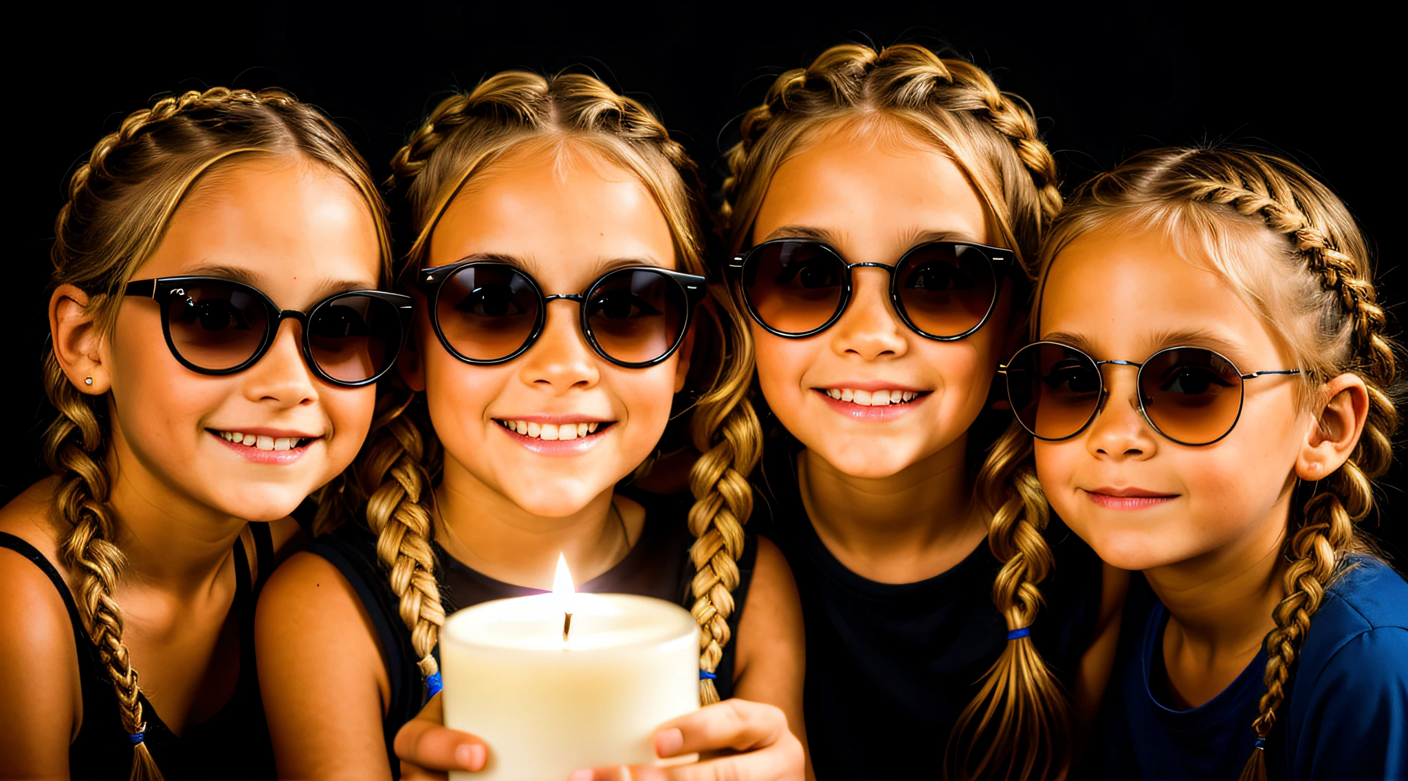 Three blonde girls children in braids with portrait of sunglasses, segurando um candle.
