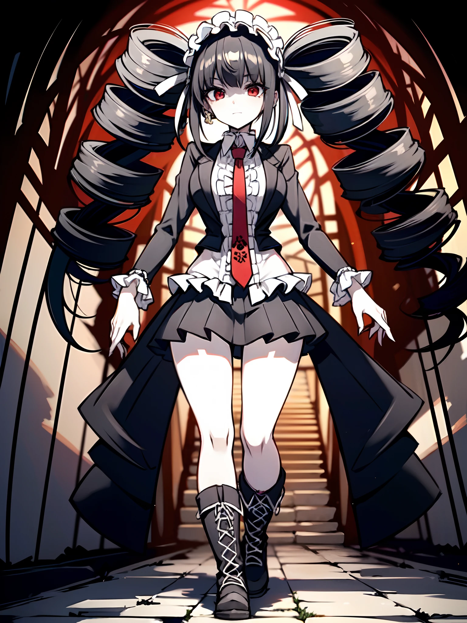 (masterpiece:1.2), (pale skin:1.2), (8k:1.2), (solo:1.2), (female:1.4), (black hair:1.3), (red eyes:1.1), twintails,, exterior, walking, big breast, long skirt, boots, full body