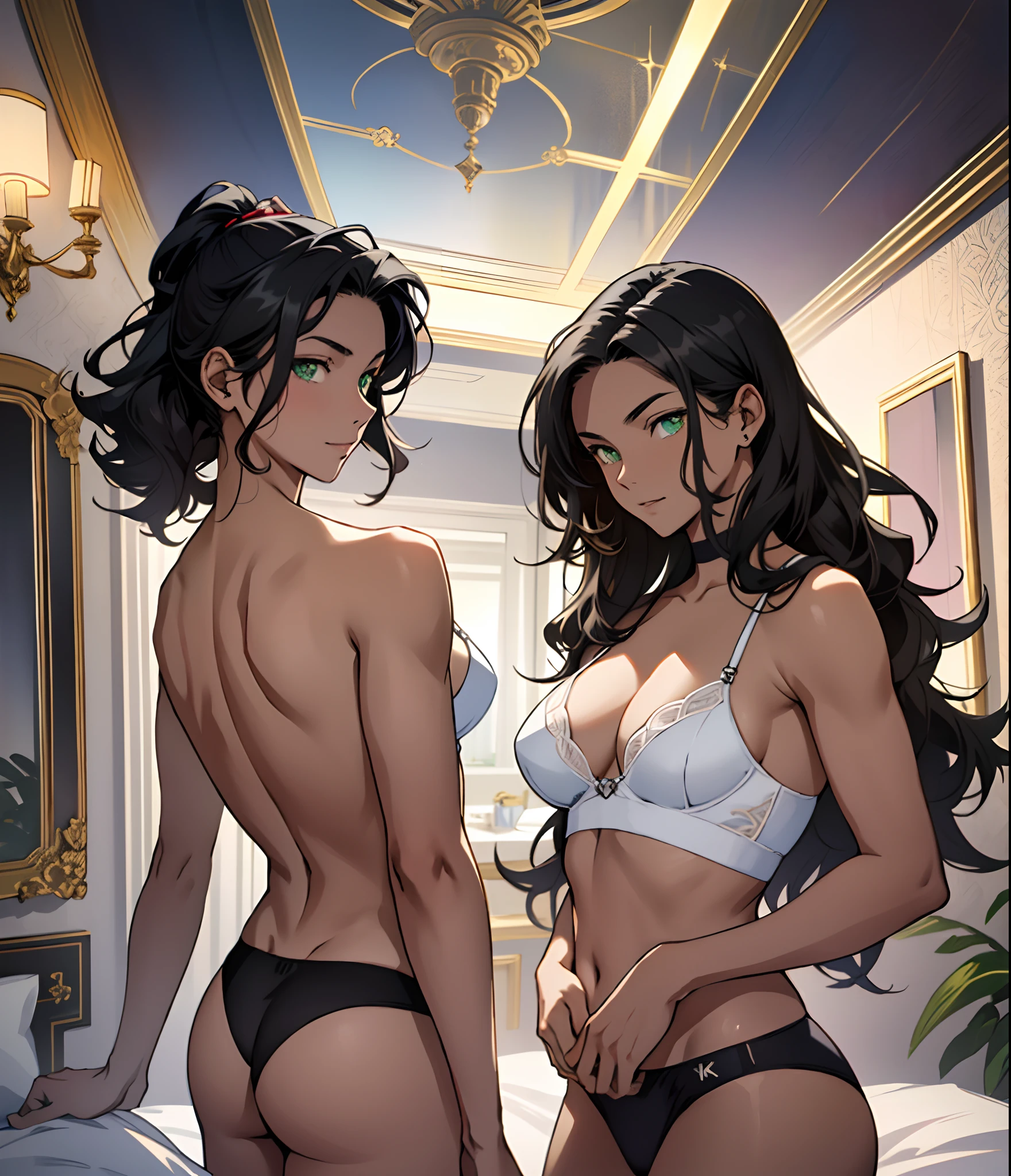 (((A young woman))), the anime, ( Green eyes), (black hair), Nice face, ssmile, the perfect body, Wavy Hair, hairlong, (((morena))), big breastes, ((tmasterpiece, beste-Qualit)), illustartion, ультра детализированная 8k, Photorealistic, sharp-focus, higly detailed, Professional lighting, colorful details, Rainbow colors, Glowing, intricate detials, Vivid details, Two sisters, Twins, bed, twilight, erotic underwear, Beautiful underwear, Mirrored walls and ceiling, Lots of mirrors, Mirror surface