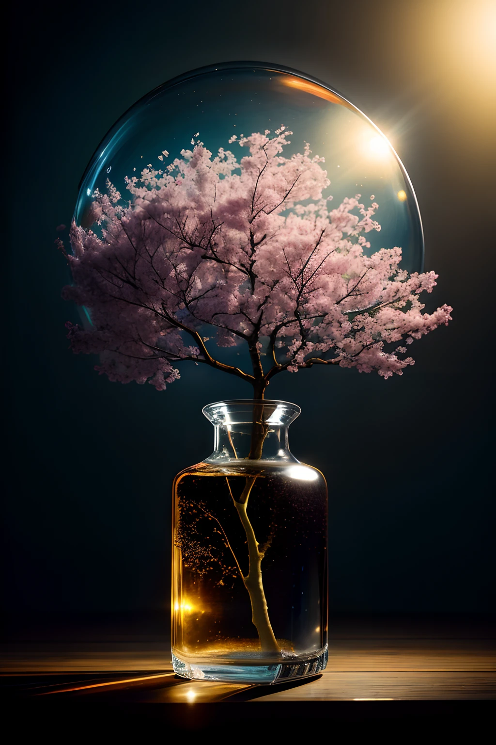 Cherry tree in a bottle, fluffy, realistic, atmospheric light refraction, photographed by lee jeffries, nikon d850 film Stock Photo 4 Kodak portra 400 camera f1.6 lens, rich colors, ultra realistic realistic textures, dramatic lighting, unreal engine trending on artstation cinestill 800, Style-Glass