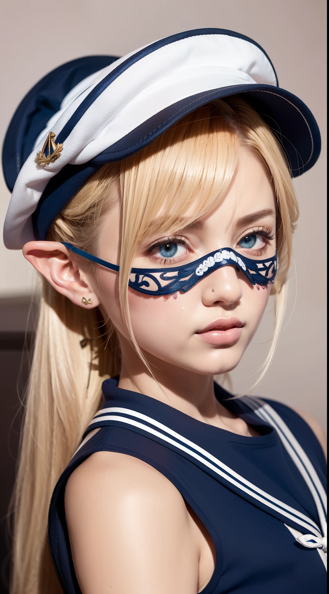 Rose-patterned masks are elaborately depicted,Delicate skin,Blue charming eyes,watered eyes,Delicate blonde high ponytail girl,Sailor's cap,elvish ears,Soft light and shadow,best quality wallpaper,ultra HD picture quality。
