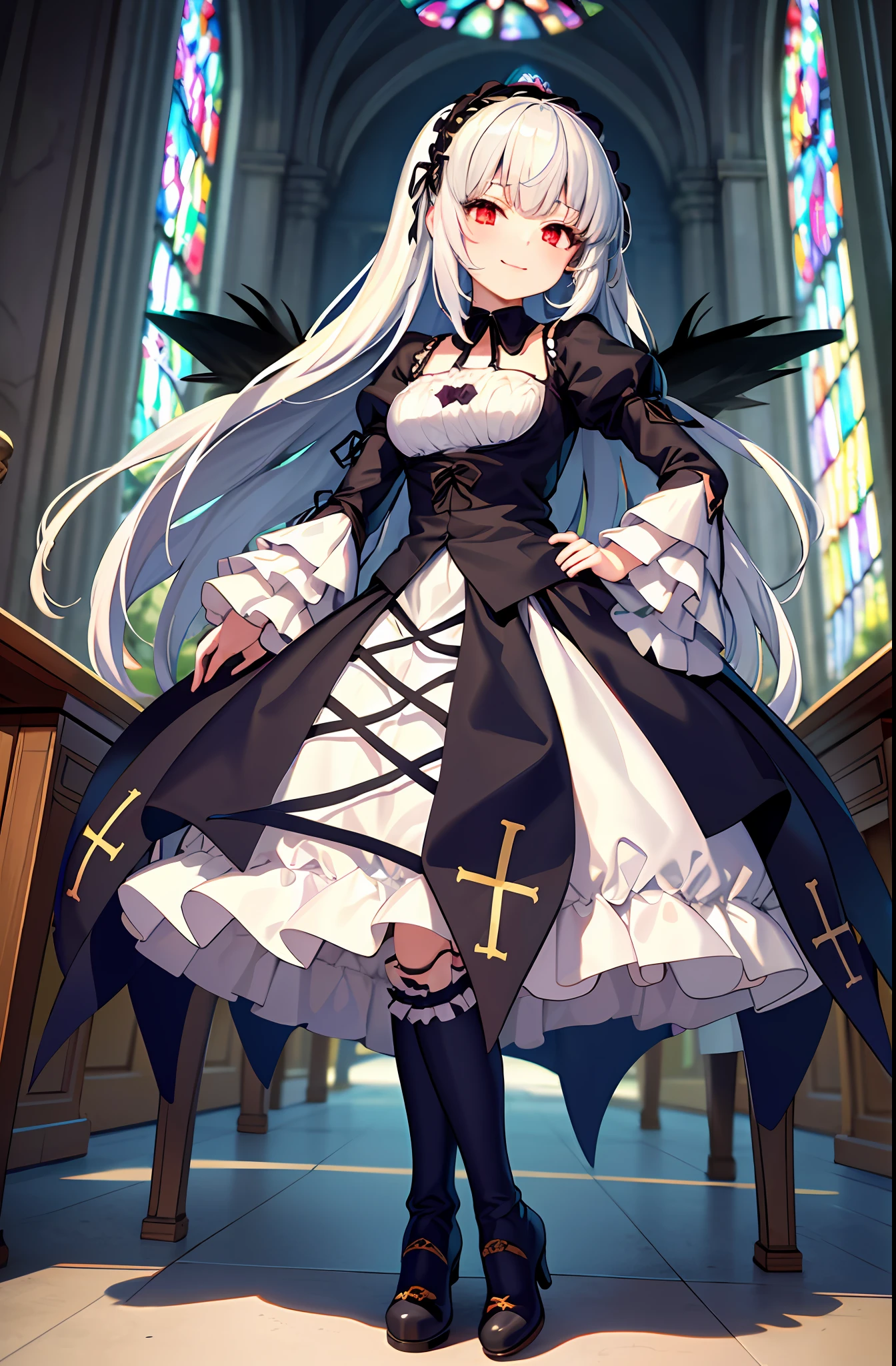 (masterpiece, best quality, detailed, highres), 1girl, solo, indoors, church, stained glass, window, sunlight, hand on hip, evil smile, from below, looking at viewer, suigintou, XXXXXX fashion, XXXXXX hairband, black dress, frills, black wings, knee boots, detached collar, cross, juliet sleeves, cross-laced dress, doll joints <lora:SuigintouV4_1-000014-, full body ,boots