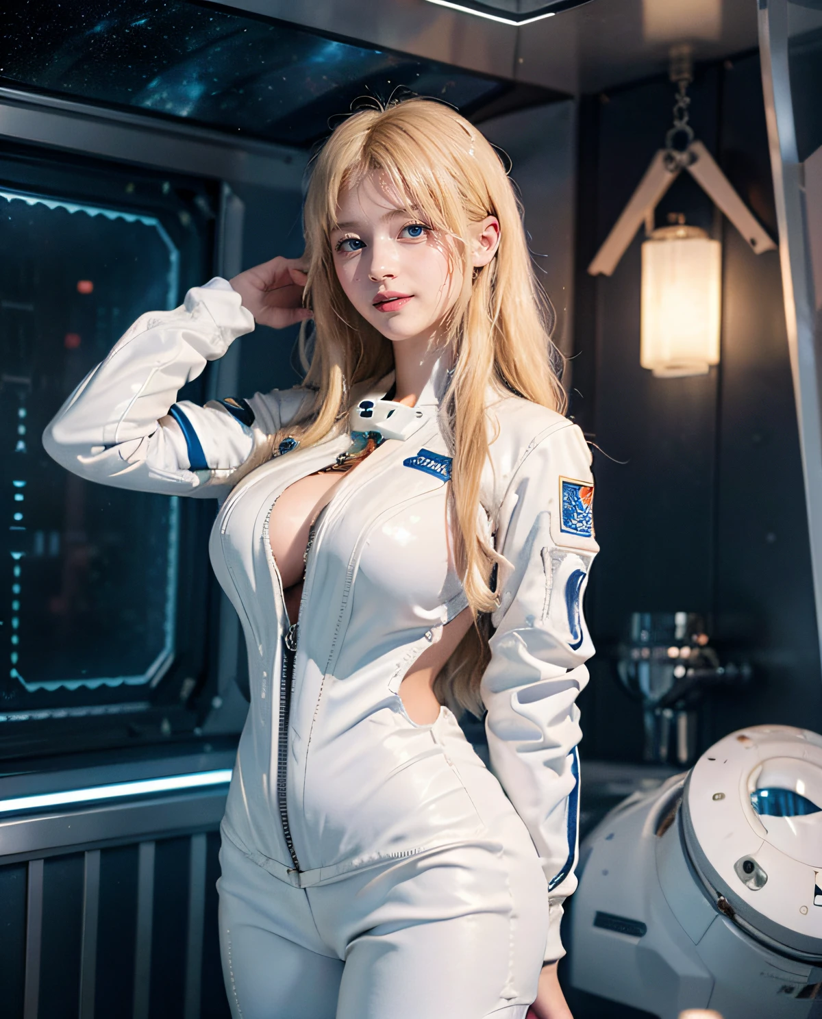 1girl, (Blue Eyes), smile, (Sana Minatozaki), wide hips, Big Boobs, big ass, (Best Quality, 8k, Masterpiece: 1.3), Clear Focus: 1.2, Perfect Body Beauty: 1.4 , Slender Abs: 1.2, Highly detailed face and skin texture, detailed eyes, double eyelids, (blonde long wet hair), (white spacesuit :1.4), (in a spaceship), in space, (background galaxies)