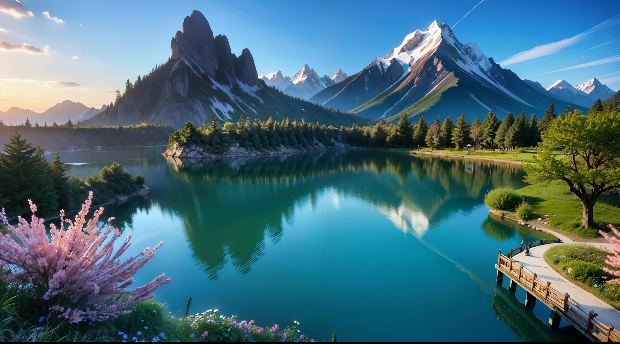 Kunlun Mountain, The peaks of the Senshan Mountains, Towering over the landscape, Clear lake, Verdant leaves, Sparkling lake water, Peculiar rocks, Flying waterfalls, Xianqiao Canyon, The sea of flowers is gorgeous, Multicolored flowers, The aroma is fragrant, Stunning natural scenery, wonderland