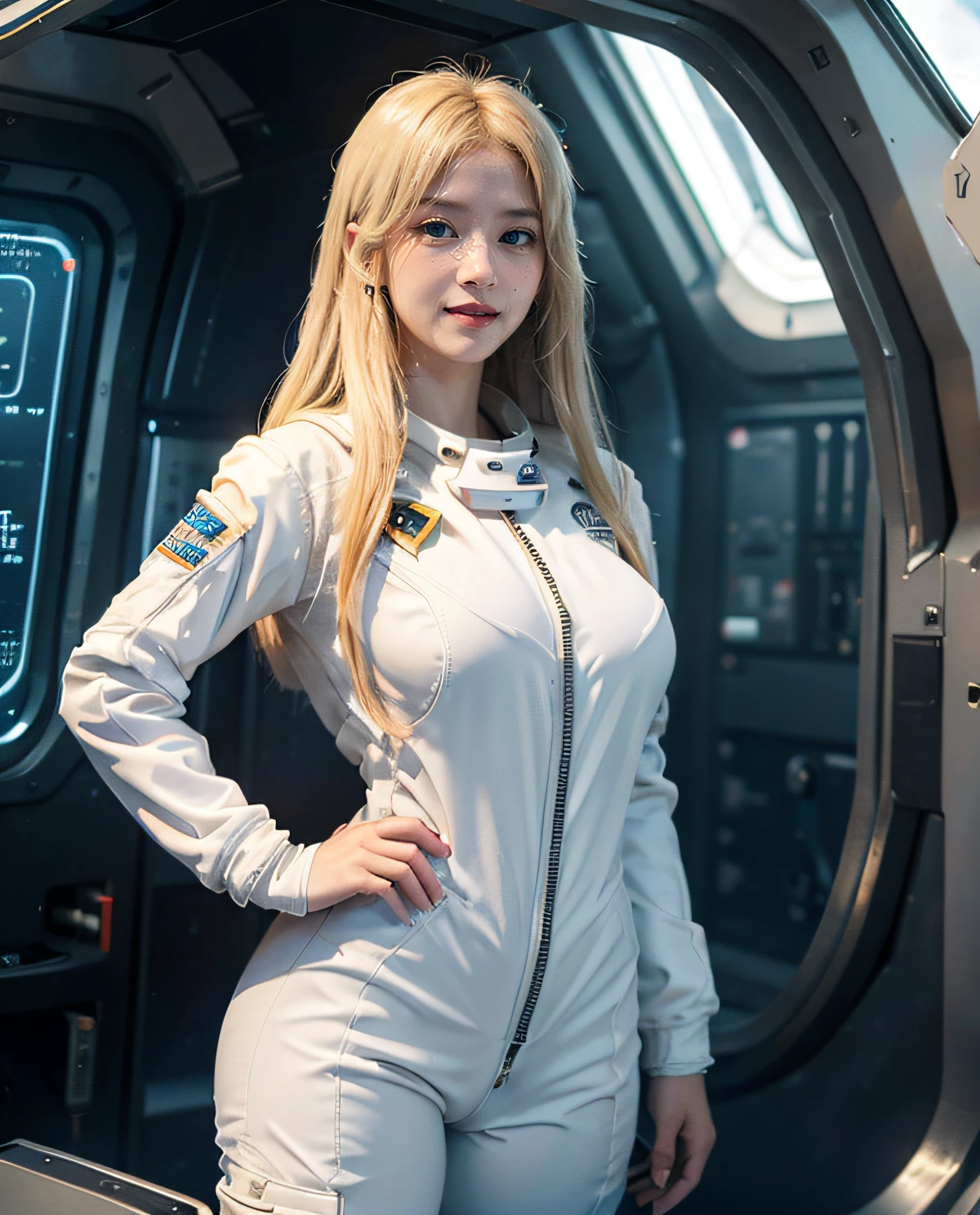 1girl, (Blue Eyes), smile, (Sana Minatozaki), wide hips, Big Boobs, big ass, (Best Quality, 8k, Masterpiece: 1.3), Clear Focus: 1.2, Perfect Body Beauty: 1.4 , Slender Abs: 1.2, Highly detailed face and skin texture, detailed eyes, double eyelids, (blonde long wet hair), (white spacesuit :1.4), (in a spaceship), in space, (background galaxies)
