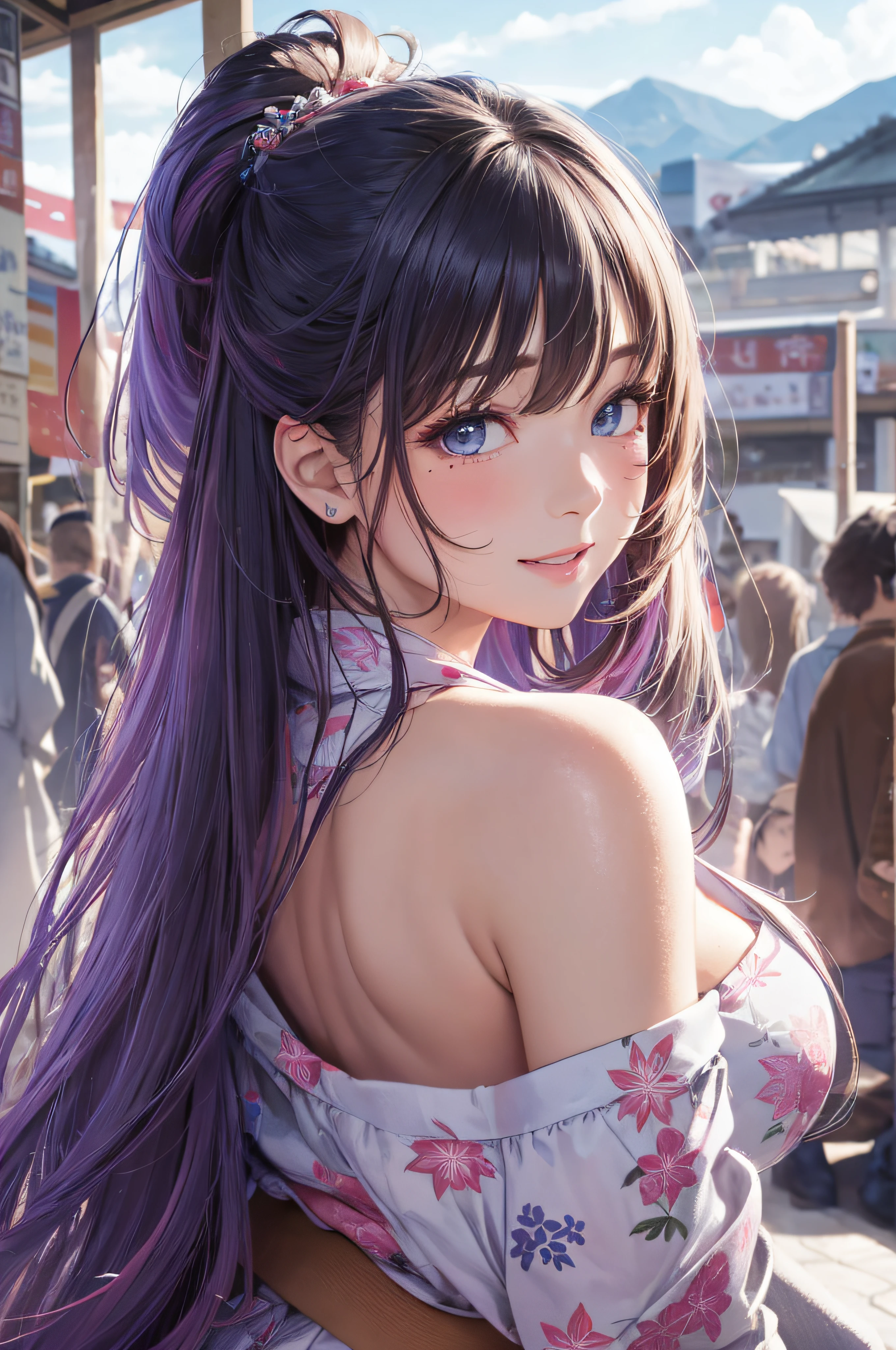 (Best Quality,High resolution,8K,finelity detailed background,Masterpiece:1.2),beautiful girl,Shiny purple hair,pony tail,Beautiful purple eyes,Gentle look,A refreshing look,Best quality,Best Quality,Aesthetic and aesthetic:1.2,Best details((Super detailed))(High-definition CG illustrations),yukata(Floral),Slender body,night,Fireworks display,Fireworks in the background,Fireworks,smile,blush,cute,Scrounge,Looking up,Being spoiled,super model,looking up