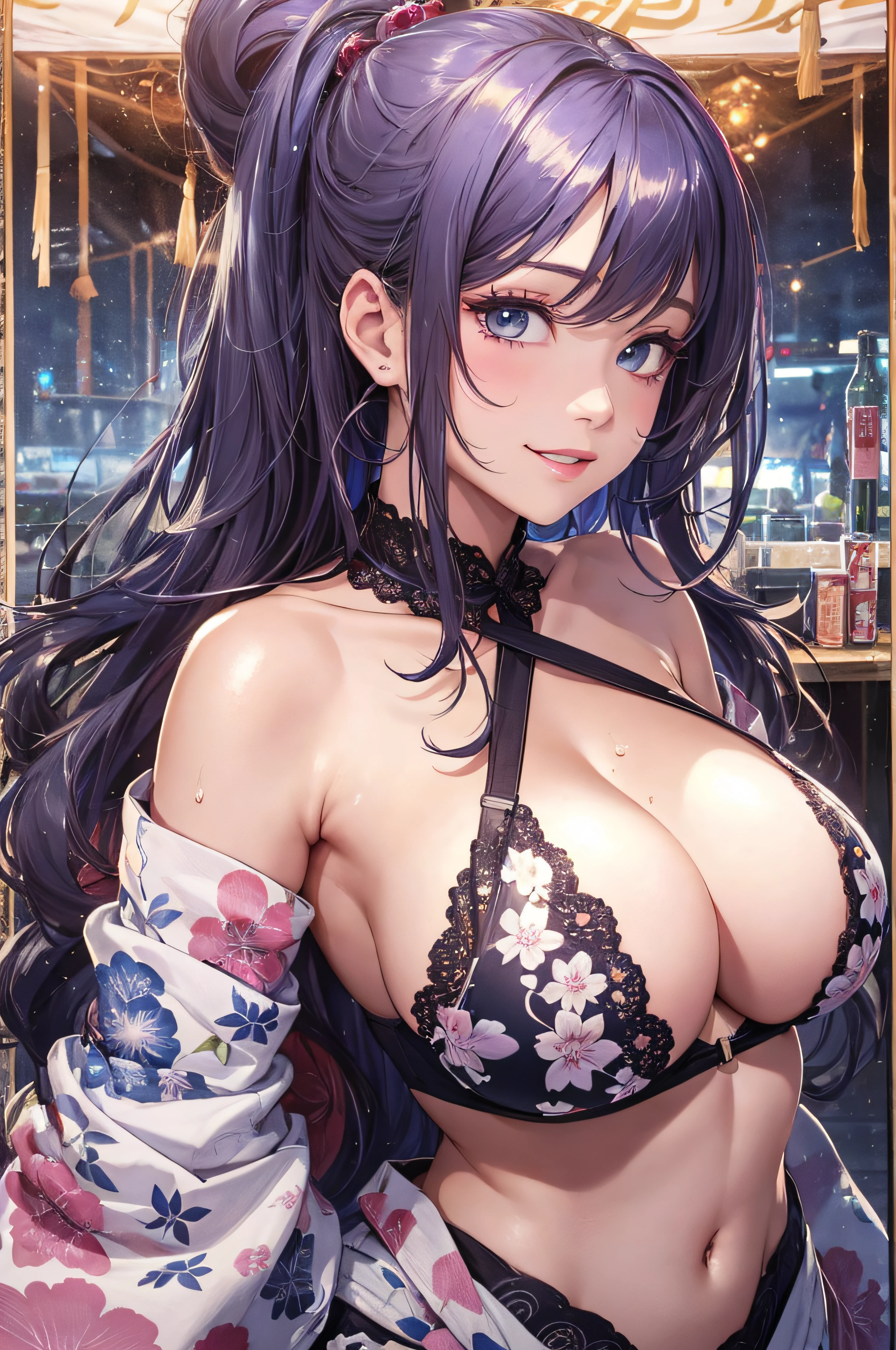 8K picture quality、top-quality、masutepiece、An ultra-high picture quality、ultra-detailliert、Ultra-realistic hair quality、Vibrant colors、Beautuful Women、Beautiful long hair、Shiny hair、detailed hairs、Blue Mesh、poneyTail、Blue eyes、shinny skin、Lace underwear、One mole on the chest、large pectoral muscles、Very gigantic-breasts、Sweat on the forehead and cheeks、extremely big ass、Fluffy off-shoulder yukata、A smile、soft pink lips、Ultra-realistic flesh feeling、Red cheeks、summer festival in background