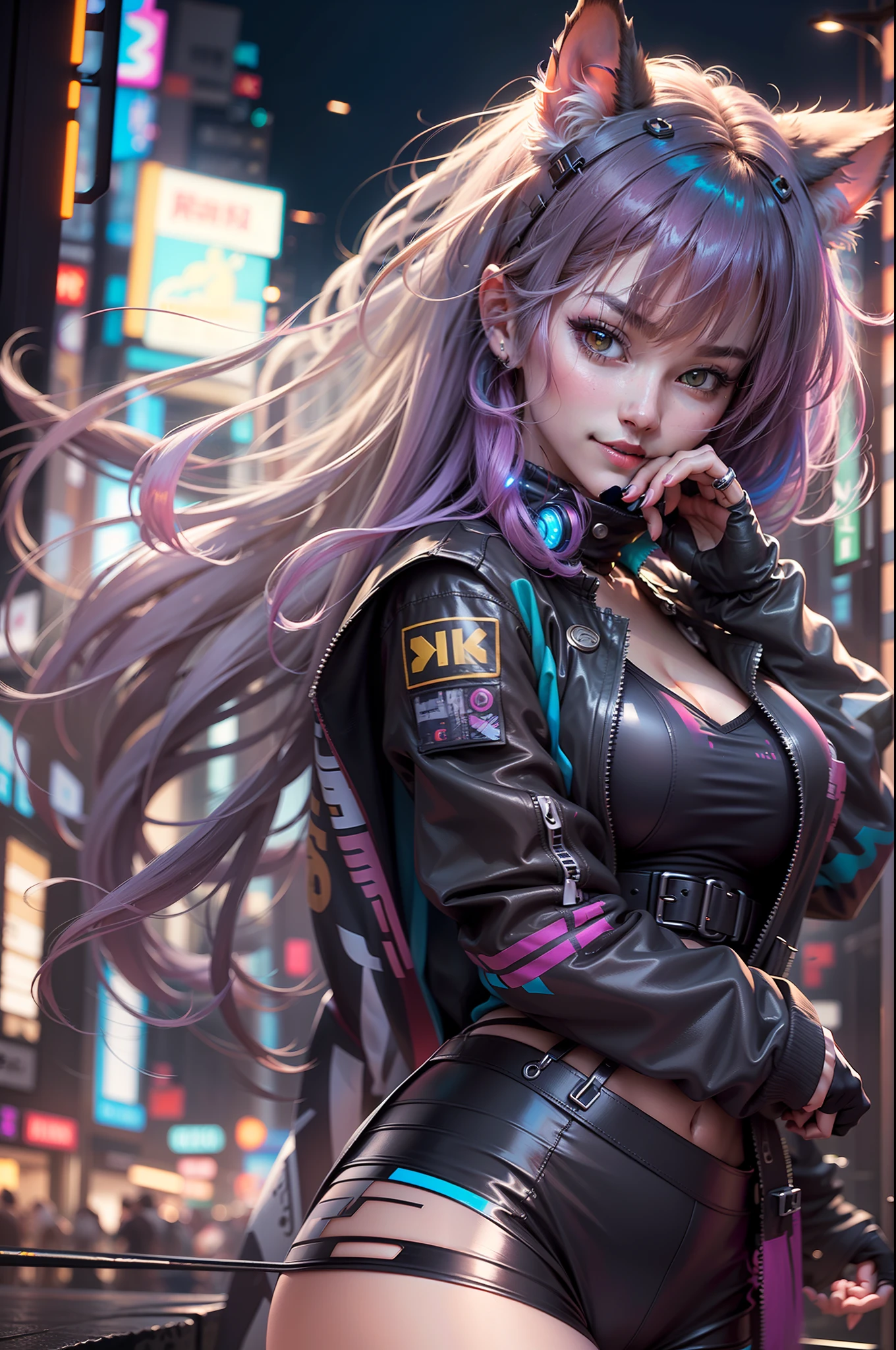 a beautiful photorealistic photograph of 2 cyberpunk catgirls with fringe cut bangs long multicolor hair, ((Best quality)), ((masterpiece)), (detailed: 1.4), depth of field focus f/2.8