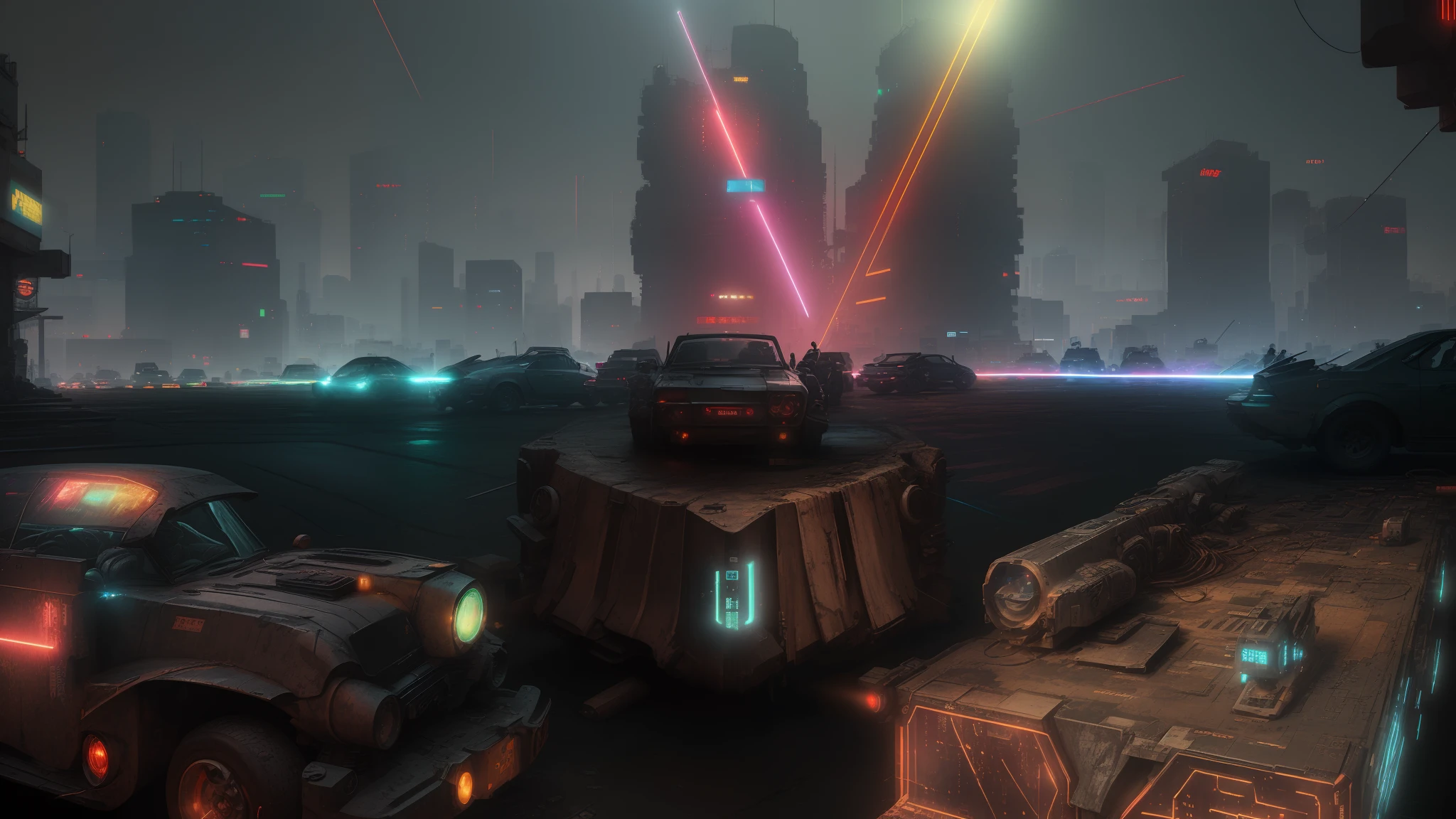 Ancient Battlefield, medium plan, City streets, dim lighting, Very gloomy picture layout, Extended Frames, Cyberpunk background, ((Ultra-realistic asphalt with super detailed textures)), (((Color lasers and spotlights))), (((Japanese-style cyberpunk cars ride on the viewer))), (((There are a lot of lasers in the background))), (((Arteleria in the center)))
