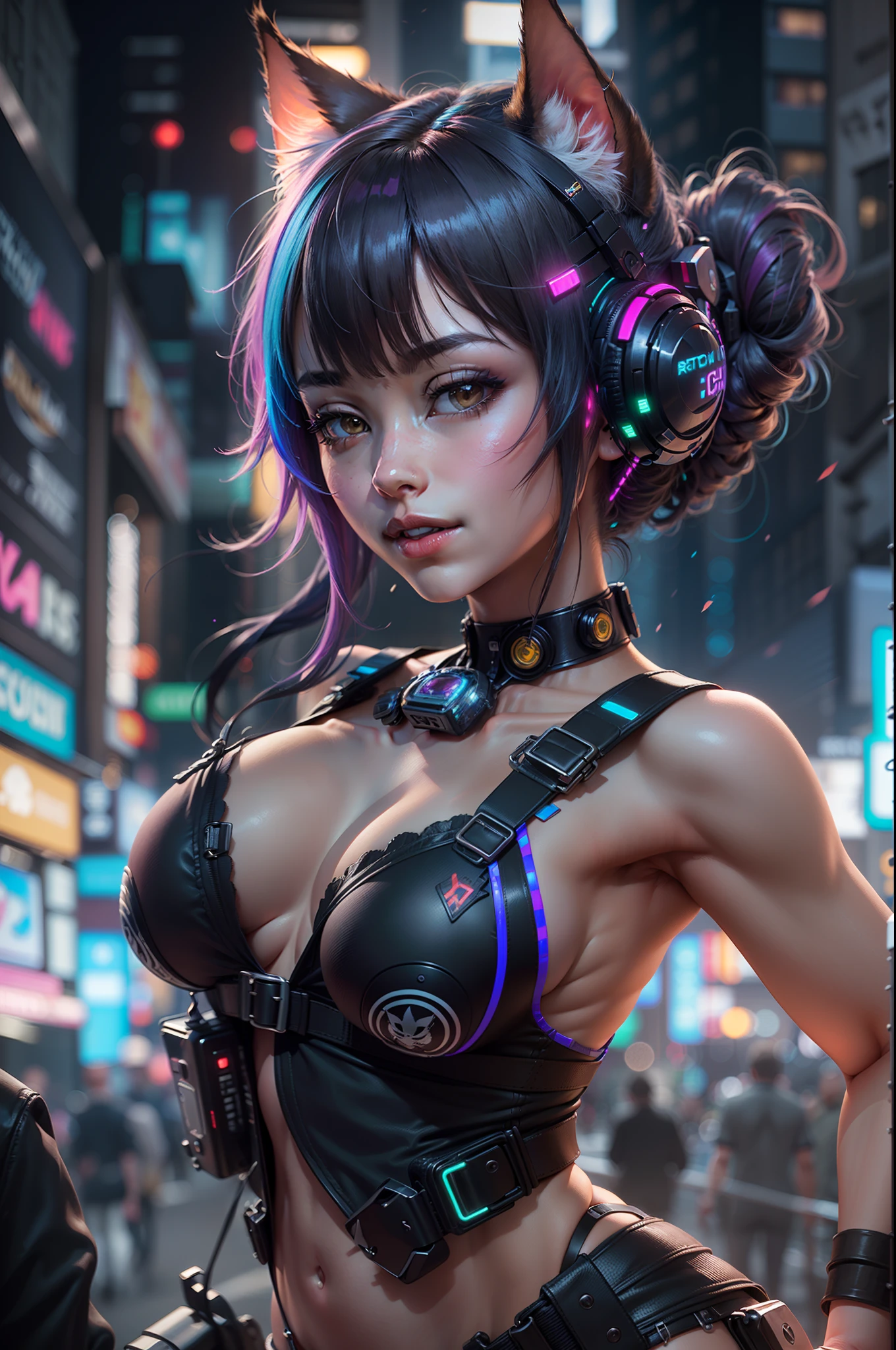 (RAW photo, best quality, masterpiece:1.2), (realistic, photo-realistic:1.4),(masterpiece:1.4),(best quality:1.4), ((sexy cute Japanese cyberpunk catgirl)), ((slender body)), big breasts, :d, (bangs), blush, ((colorful body harness)), ((dynamic pose)), cowboy shot, (((cyberpunk city streets background))), hair intakes, ((shapeless long hair)), glowing neon accents, looking at viewer, sidelocks, smile, (((thigh gap))), thighs, twintails, very long hair, multicolor hair, alice \(nikke\),(shiny skin),realistic.