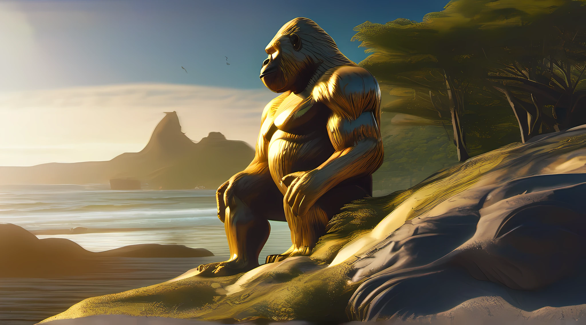 Gorilla carrying rocks on his back up a hill