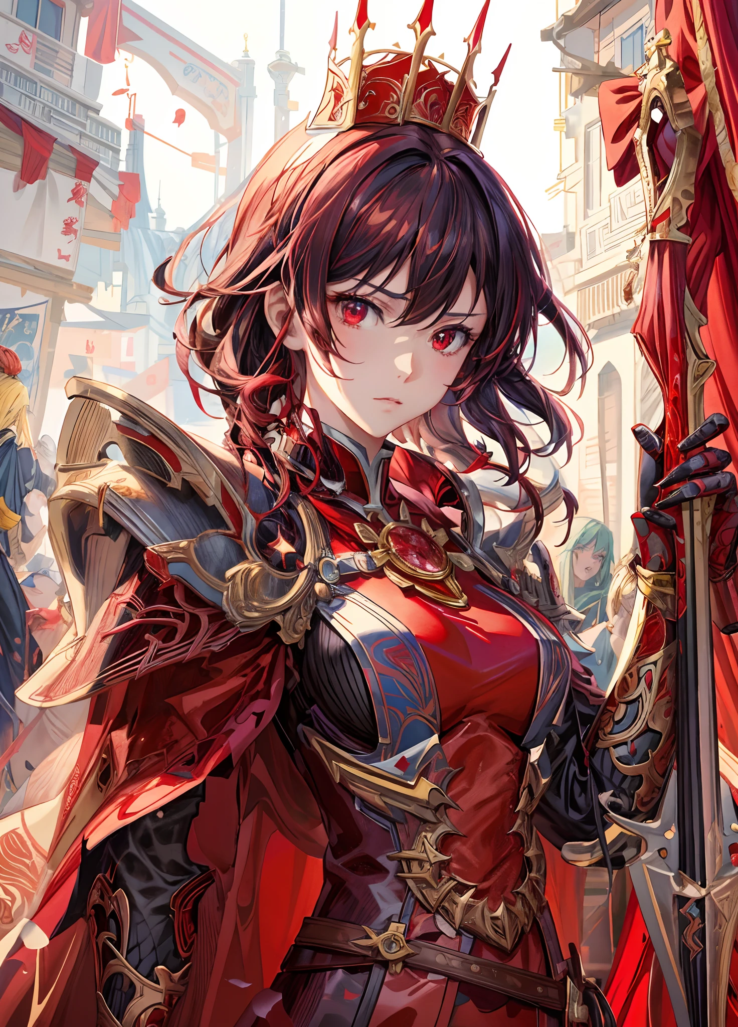 a close up of a woman in a red cape holding a sword, by Yang J, detailed key anime art, beautiful fantasy anime, detailed digital anime art, lady in red armor, anime fantasy illustration, detailed anime artwork, detailed anime art, anime fantasy artwork, detailed anime character art, guweiz, epic light novel cover art, red armor, kawacy