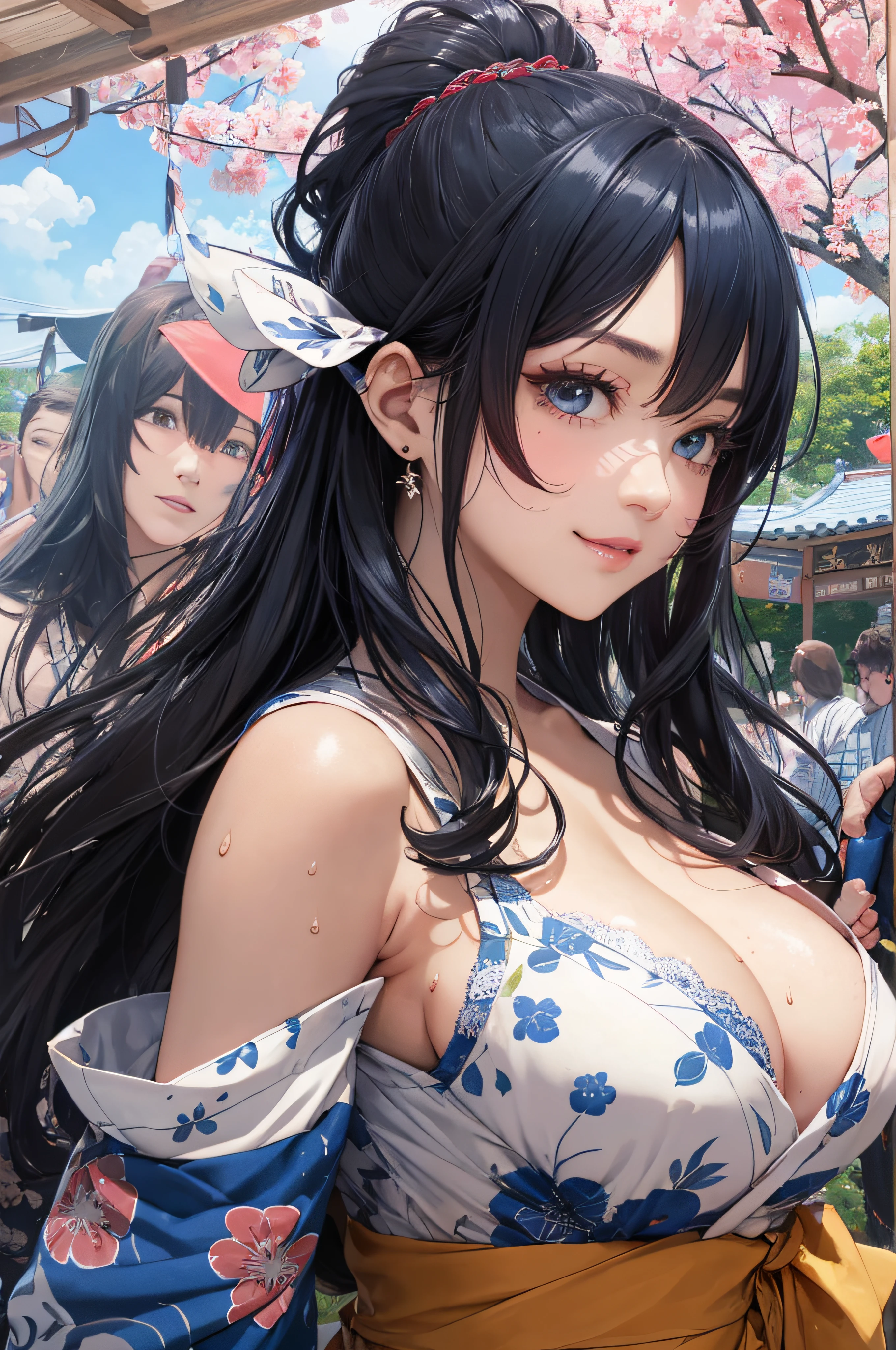 8K picture quality、top-quality、masutepiece、An ultra-high picture quality、ultra-detailliert、Ultra-realistic hair quality、Vibrant colors、Beautuful Women、Beautiful long hair、Shiny hair、detailed hairs、Blue Mesh、poneyTail、Blue eyes、shinny skin、Lace underwear、One mole on the chest、large pectoral muscles、Very gigantic-breasts、Sweat on the forehead and cheeks、extremely big ass、Fluffy off-shoulder yukata、A smile、soft pink lips、Ultra-realistic flesh feeling、Red cheeks、summer festival in background
