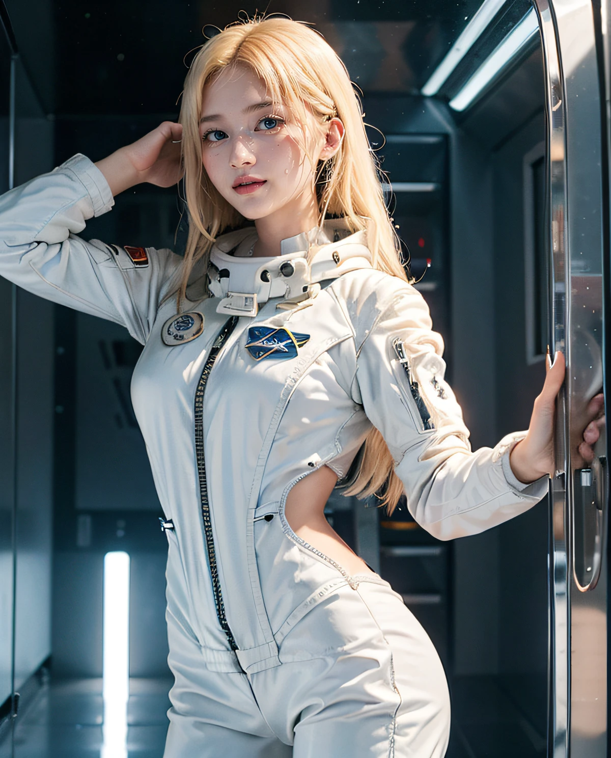 1girl, (Blue Eyes), smile, (Sana Minatozaki), wide hips, Big Boobs, big ass, (Best Quality, 8k, Masterpiece: 1.3), Clear Focus: 1.2, Perfect Body Beauty: 1.4 , Slender Abs: 1.2, Highly detailed face and skin texture, detailed eyes, double eyelids, (blonde long wet hair), (white spacesuit :1.4), (in a spaceship), (background galaxies)