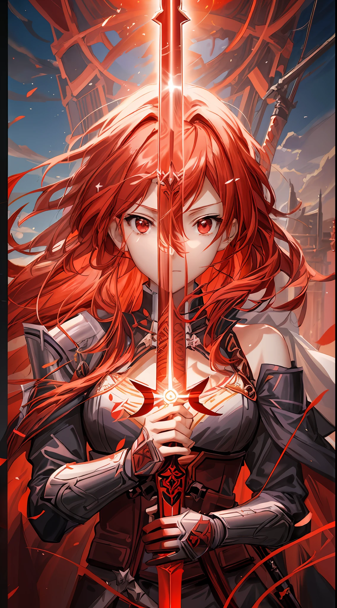 a woman with red hair holding a sword in her hands, epic light novel art cover, epic light novel cover art, from arknights, ayaka genshin impact, light novel cover art, detailed key anime art, cushart krenz key art feminine, red armor, detailed anime artwork, detailed digital anime art, clean detailed anime art, detailed anime art