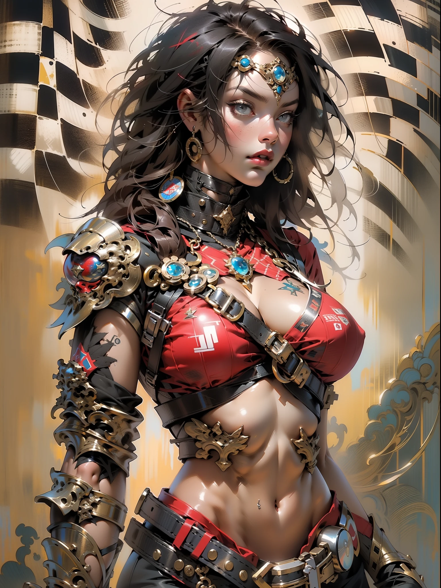 (((mulher))), (((melhor qualidade))), (((obra prima))), (((adulta))), Uma guerreira mulher de 35 anos com corpo perfeito, Brooklyn Gladiators, (( under boobs )), quase nua no estilo selvagem urbano de Simon Bisley para a capa da revista Heavy Metal, cabelo loiro, Minimum clothing, red and white checkered pattern, armadura, cheio de pontas e rebites, tatuagem tribal, (((do joelho pra cima))), cabelo desalinhado