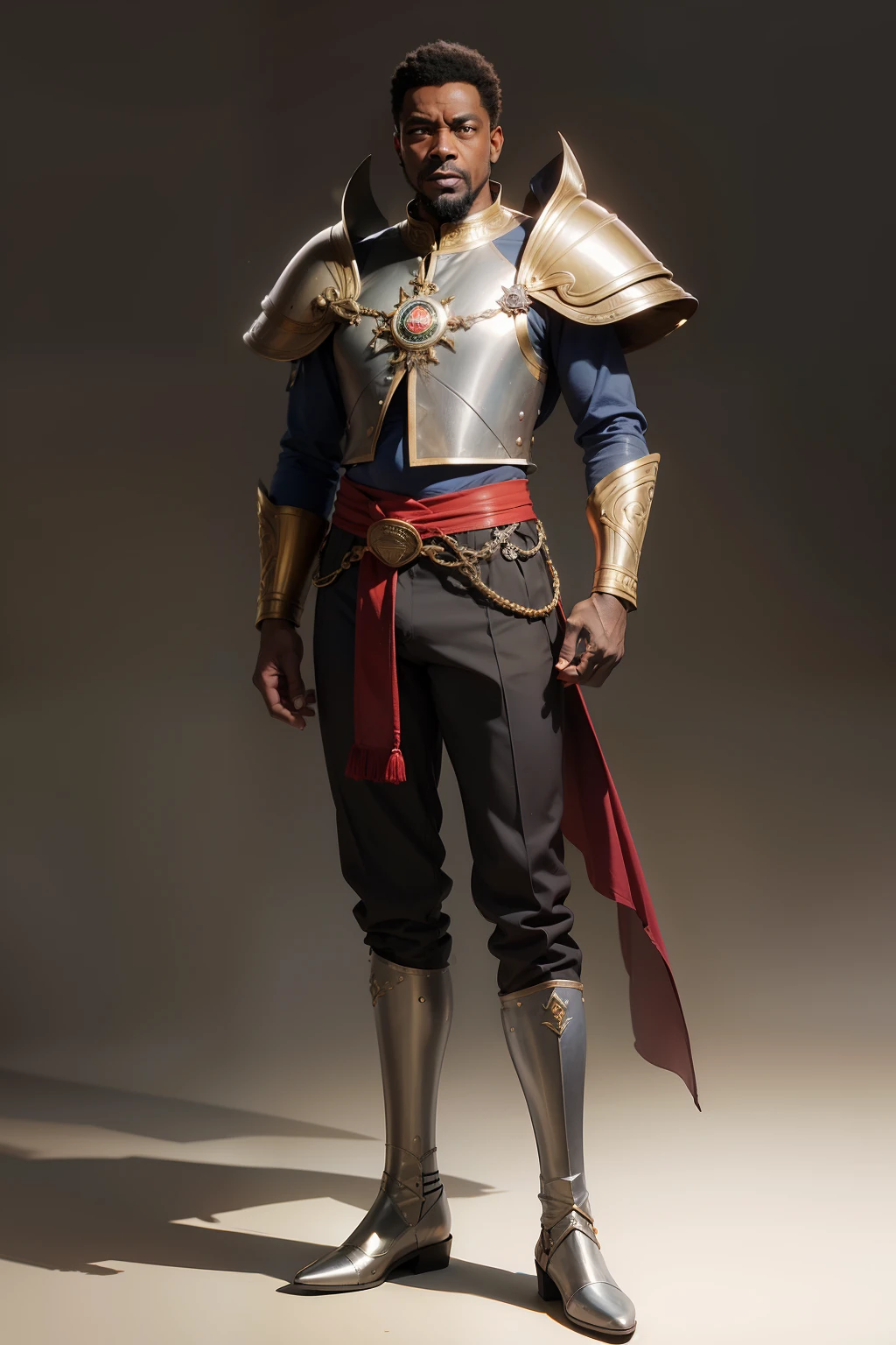 realista, homem de 40 anos, afrodescendente, pele negra, alquimista, roupa luxuosa, fantasia, armadura medieval, pants, bota, corpo inteiro