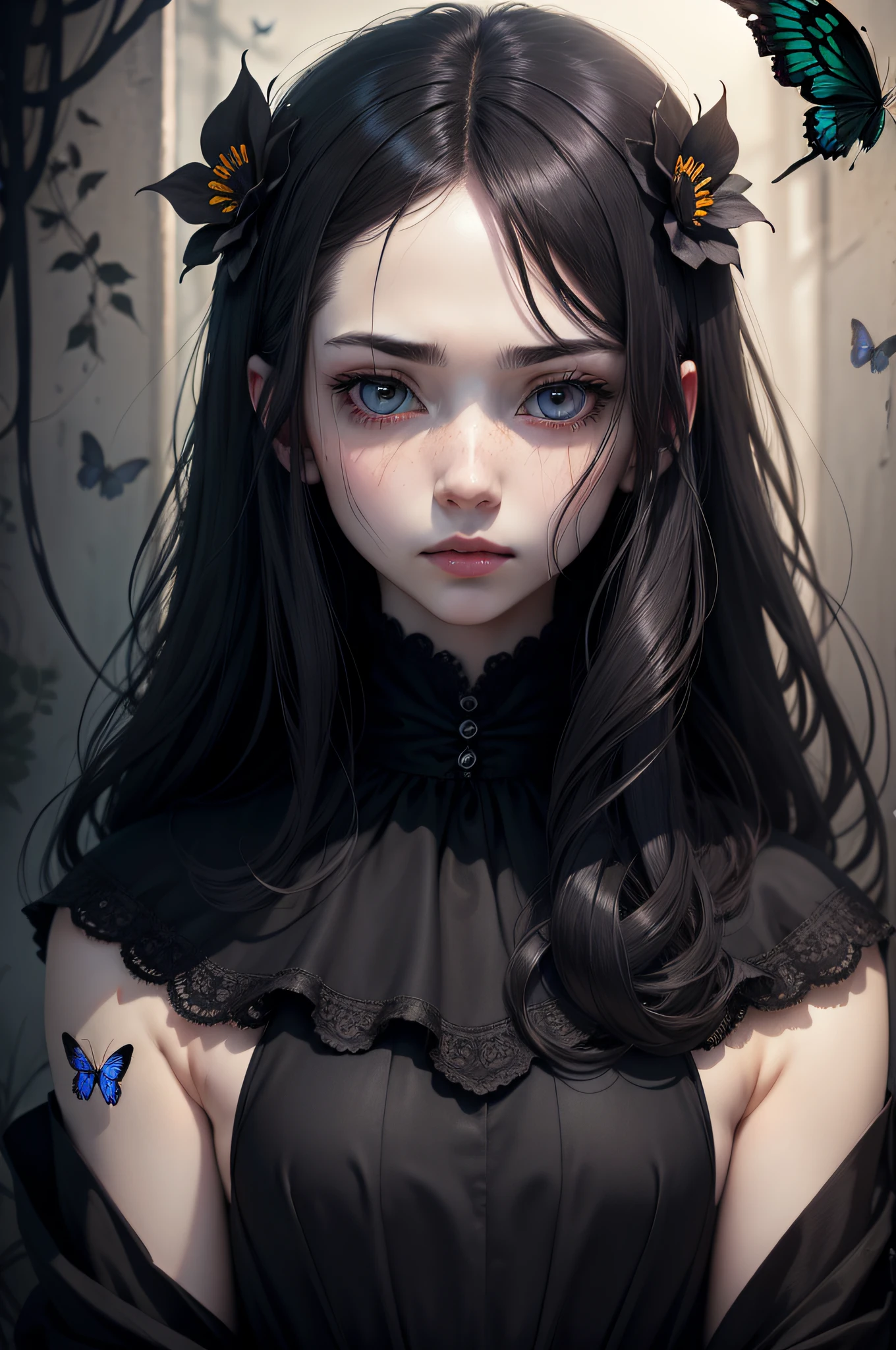 lifeless soul , illustration, cinematic view, big scary eyes , pale skin ,black flowers , black butterflies