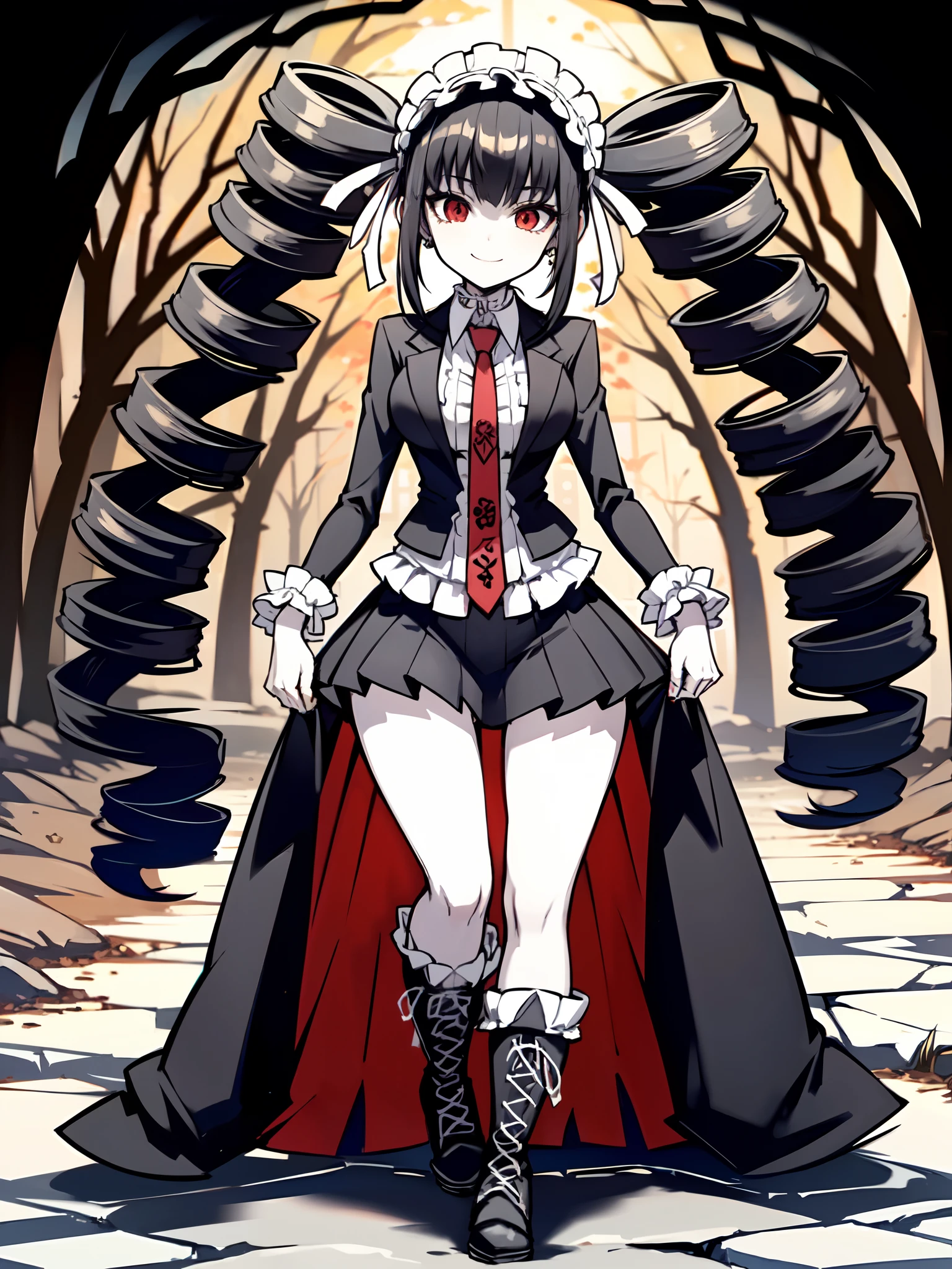 (masterpiece:1.2), (pale skin:1.2), (8k:1.2), (solo:1.2), (female:1.4), (black hair:1.3), (red eyes:1.1), twintails,, exterior, walking, big breast, long skirt, boots, full body, smile